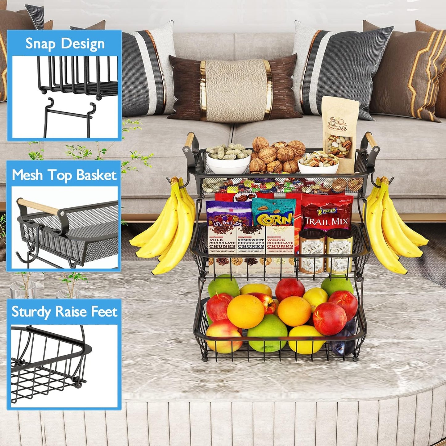 ANTOPY 3 Tier Fruit Basket with 2 Banana Hangers, Countertop Fruit Vegetable Basket Bowl for Kitchen Counter Metal Mesh Basket Fruits Stand Produce Holder Organizer for Onion Potato Bread Snack Veggie