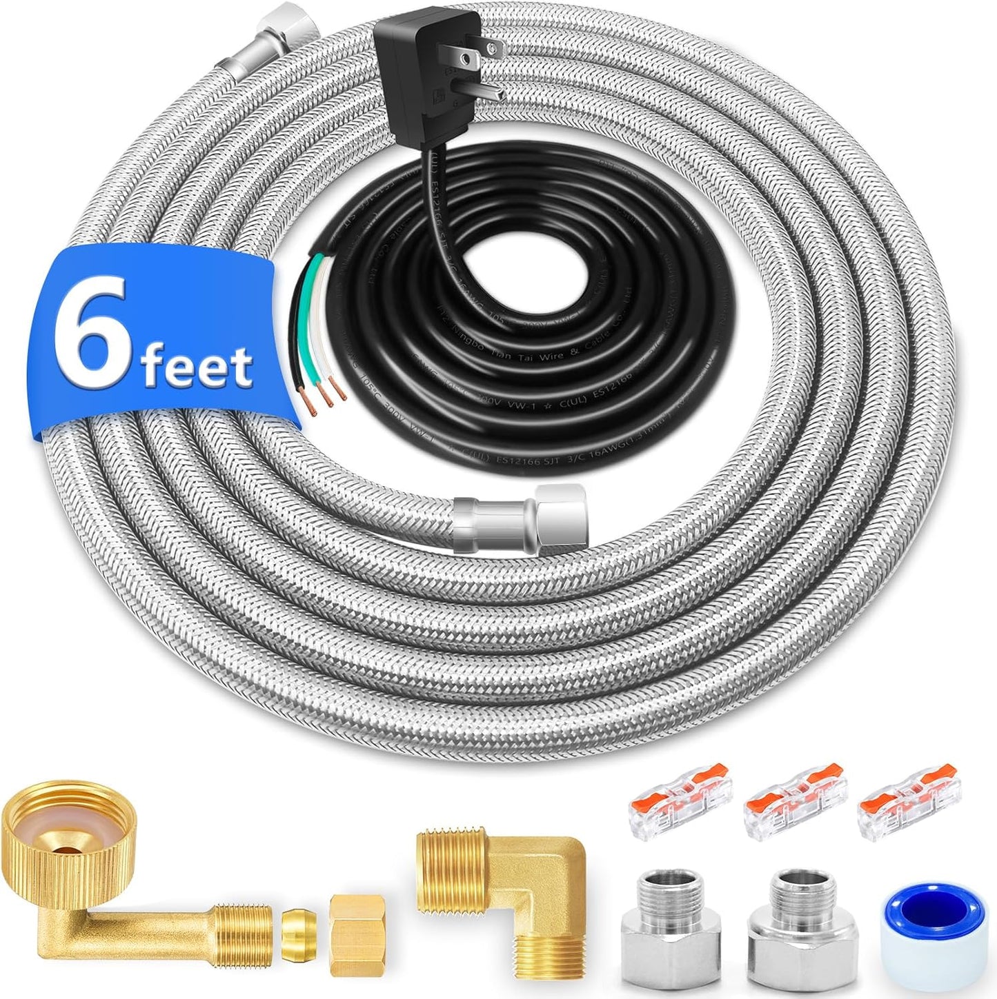 Dishwasher Installation Kit - 6 FT Stainless Steel Dishwasher Hose with 3/8" Compression Connections,Food Grade PEX Inner Tube Dishwasher Water Supply Line with Elbows,Adapters and 6 FT Power Cord