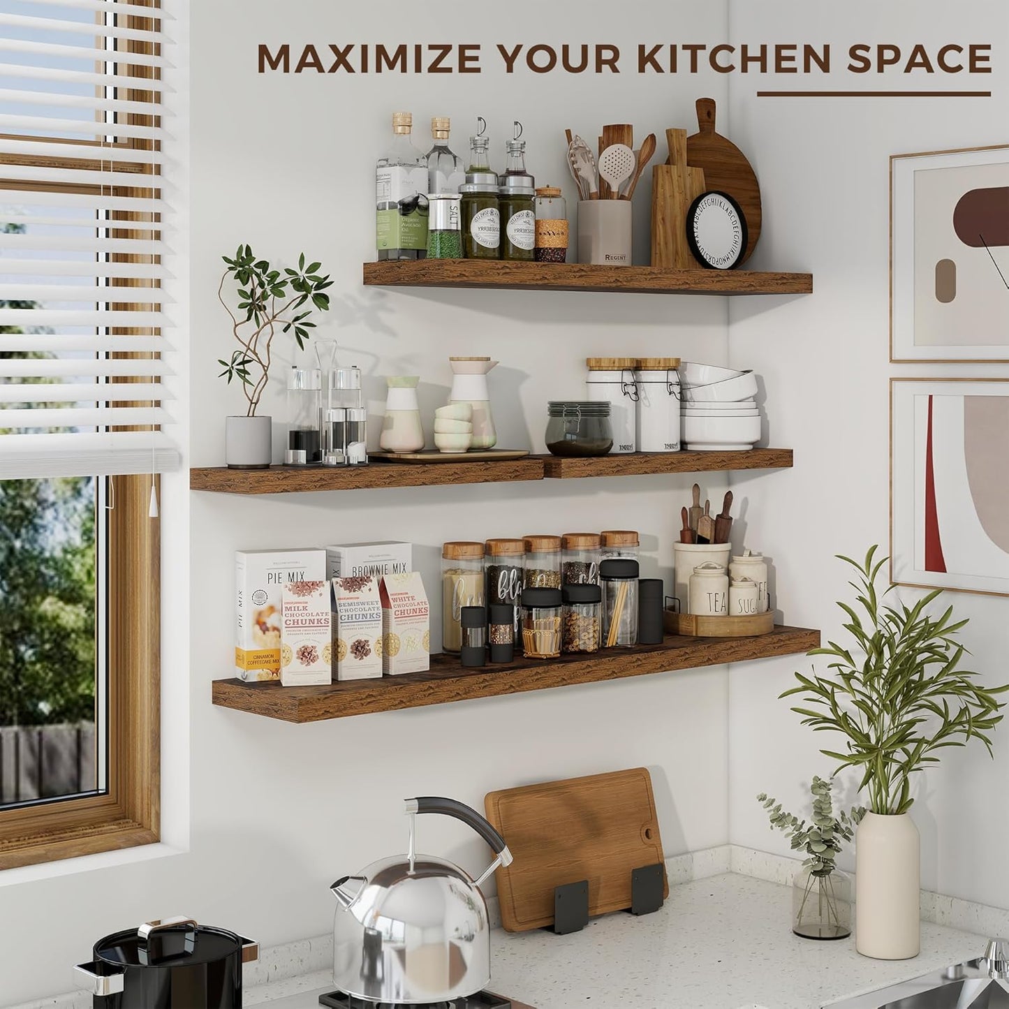 24 inch Floating Shelves Long Floating Shelves for Wall Large Wall Mounted Shelves with Invisible Brackets, Brown Shelves for Bathroom, Living Room, Kitchen, Office, 24x6.7 inch deep Set of 2