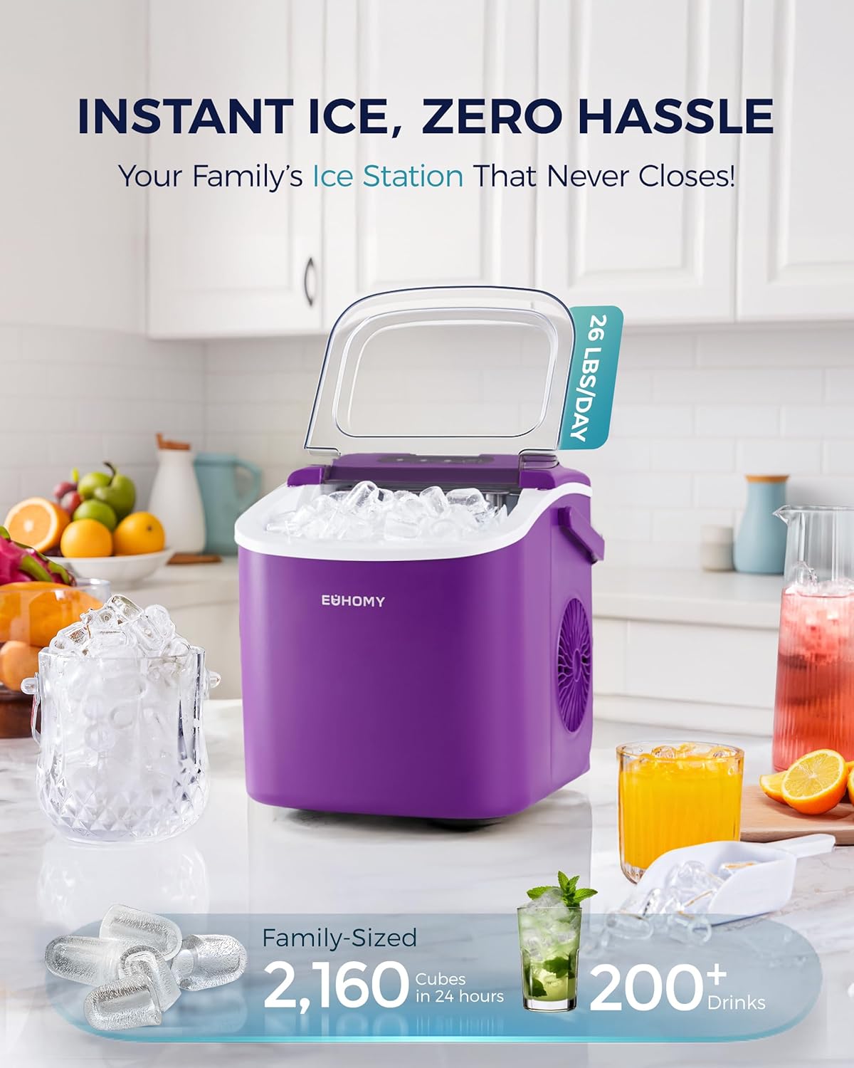 EUHOMY Countertop Ice Maker Machine with Handle, 26lbs Per Day, 9 Ice Cubes Ready in 6 Mins, Auto-Cleaning Portable Ice Maker with Basket and Scoop, for Home/Kitchen/Camping/RV (Purple)