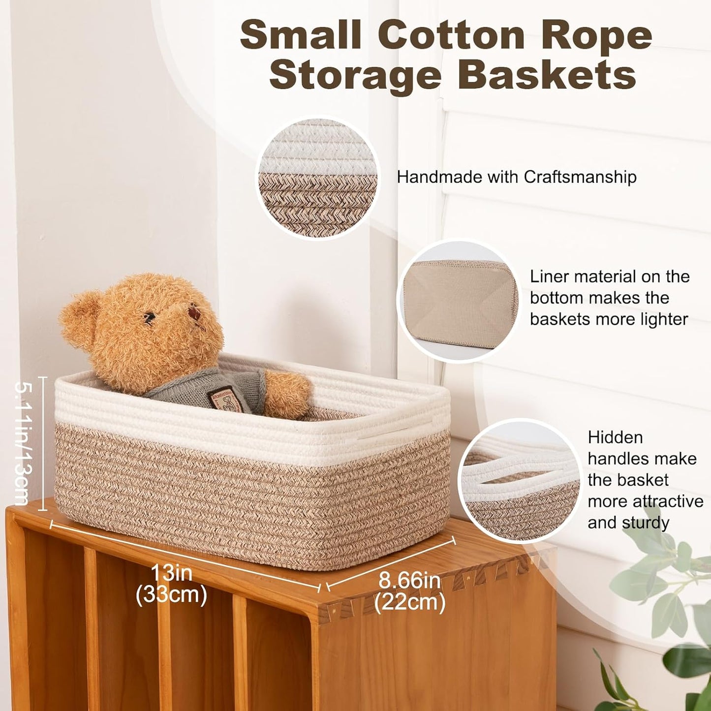 3 Pack Small Storage Baskets for Organizing, Cute Woven Decorative Gift Baskets for Shelves, Mini Closet Organizer Bins with Handles-13''Lx8.66''Wx5.11''H-Brown and White