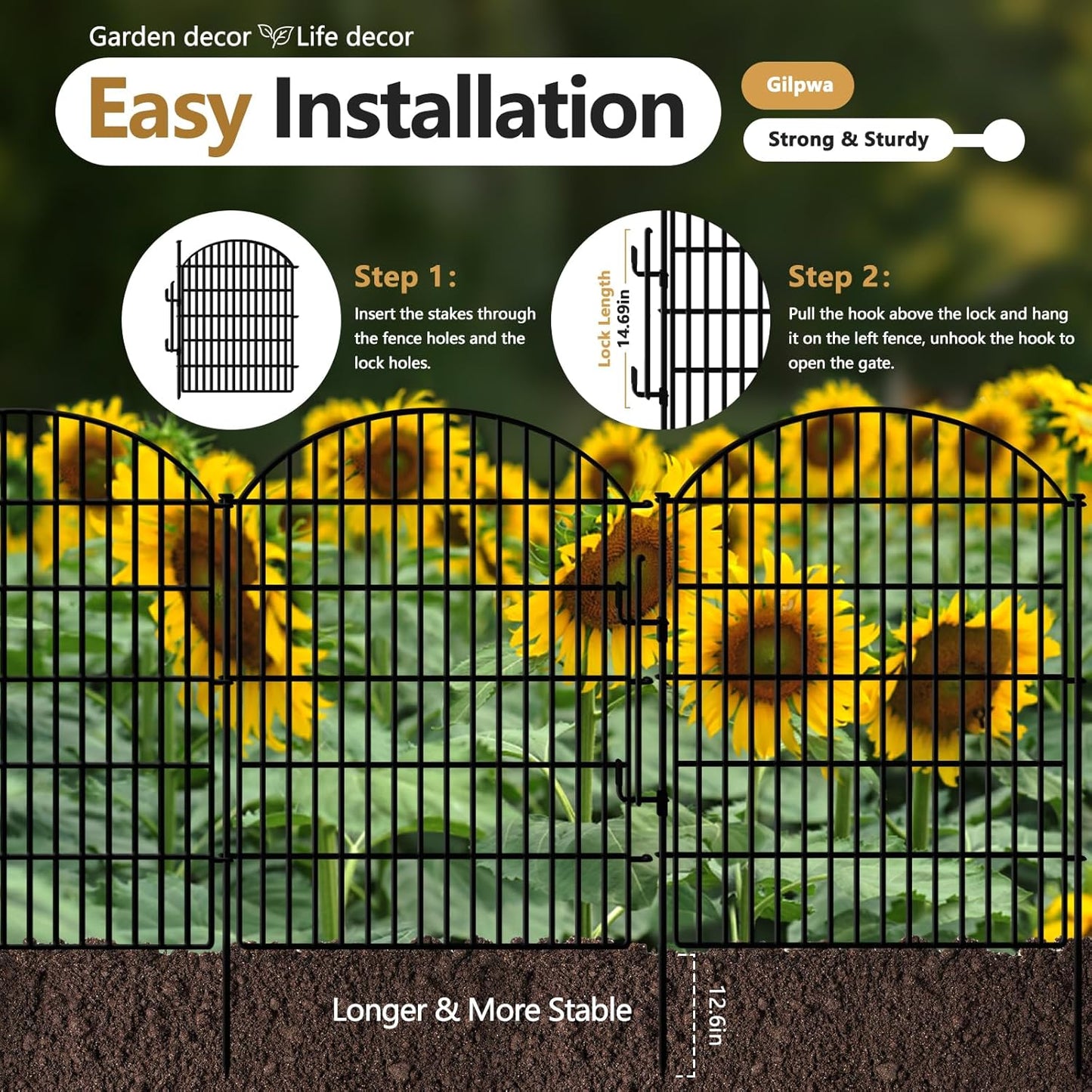 15 Panels No Dig Decorative Garden Fence with Lock, 33in (H) X 33.46ft (L) Dog Fences Outdoor for Yard, Rustproof Tall Metal Animal Barrier Border for Rabbits, Patio, Temporary Outdoor Use