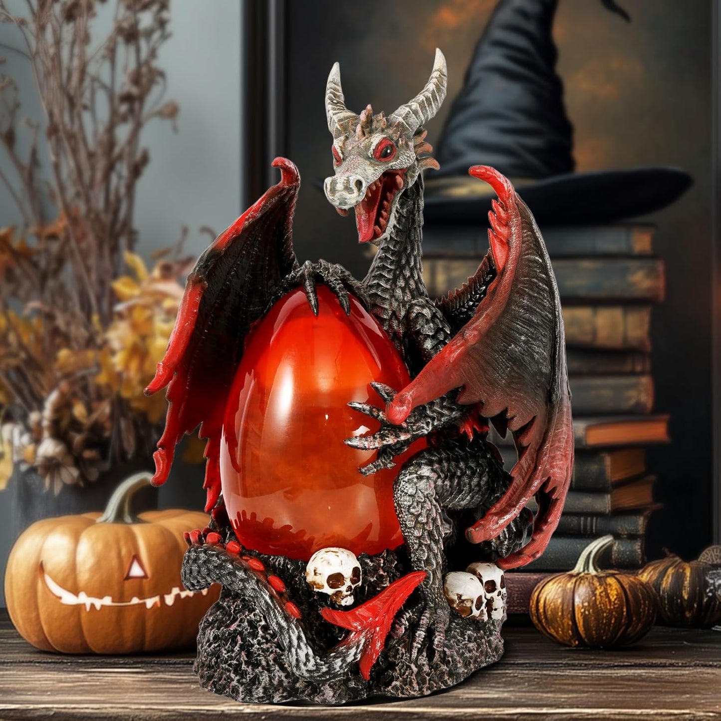 Fire Dragon Glitter Globe Statue Dragon Egg Glowing Sculpture, Skull Accent Base, Evil Dragons Lantern with 6H Timer, Battery Operated, Cool Decoration for Halloween, Fantasy Gift for Collectors