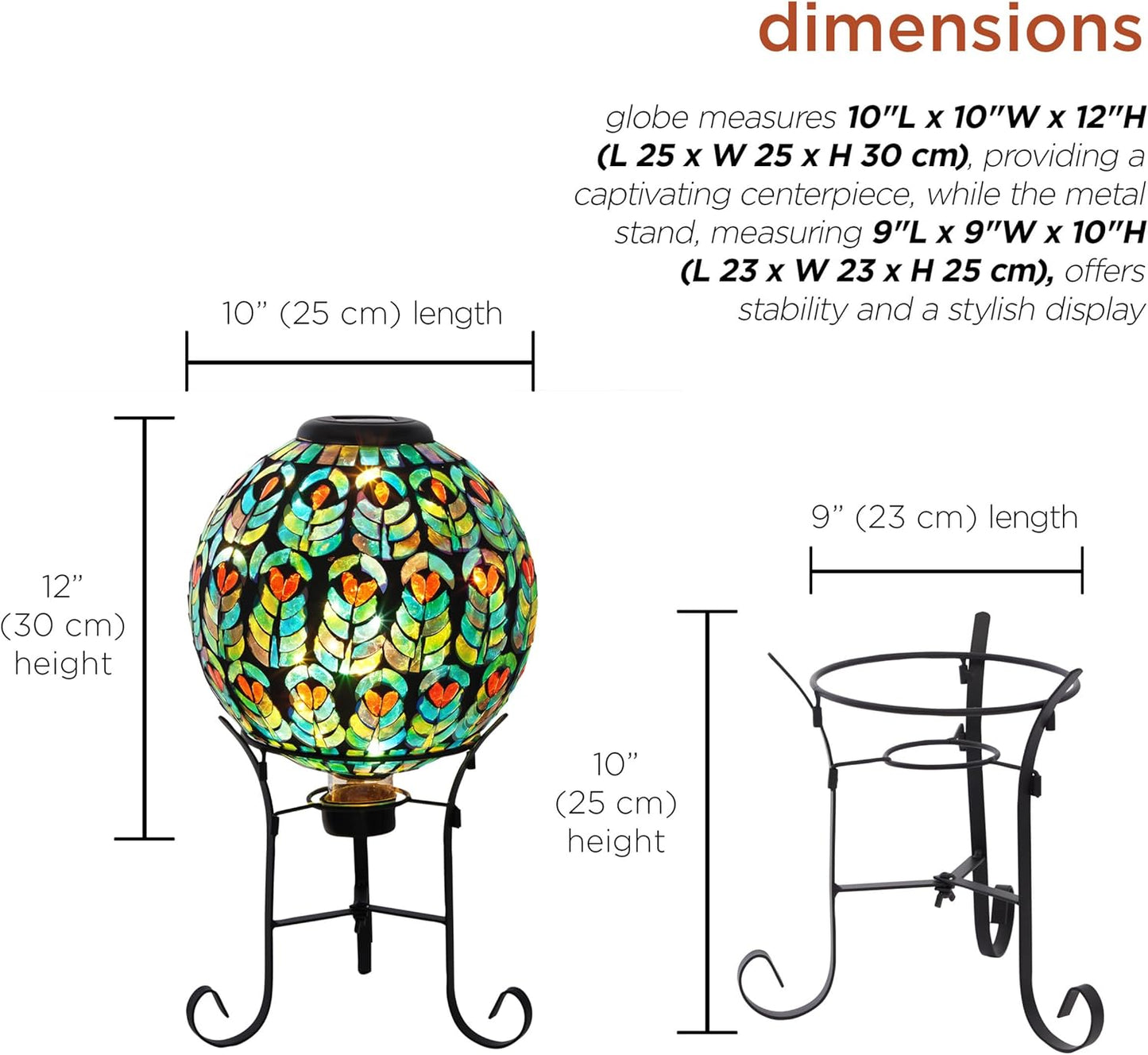 Alpine Corporation GRS926A-SLR Solar Gazing Globe w/Mosaic Peacock Feather Design & Metal Stand, Elegant Yard Art, 12" H, Multi