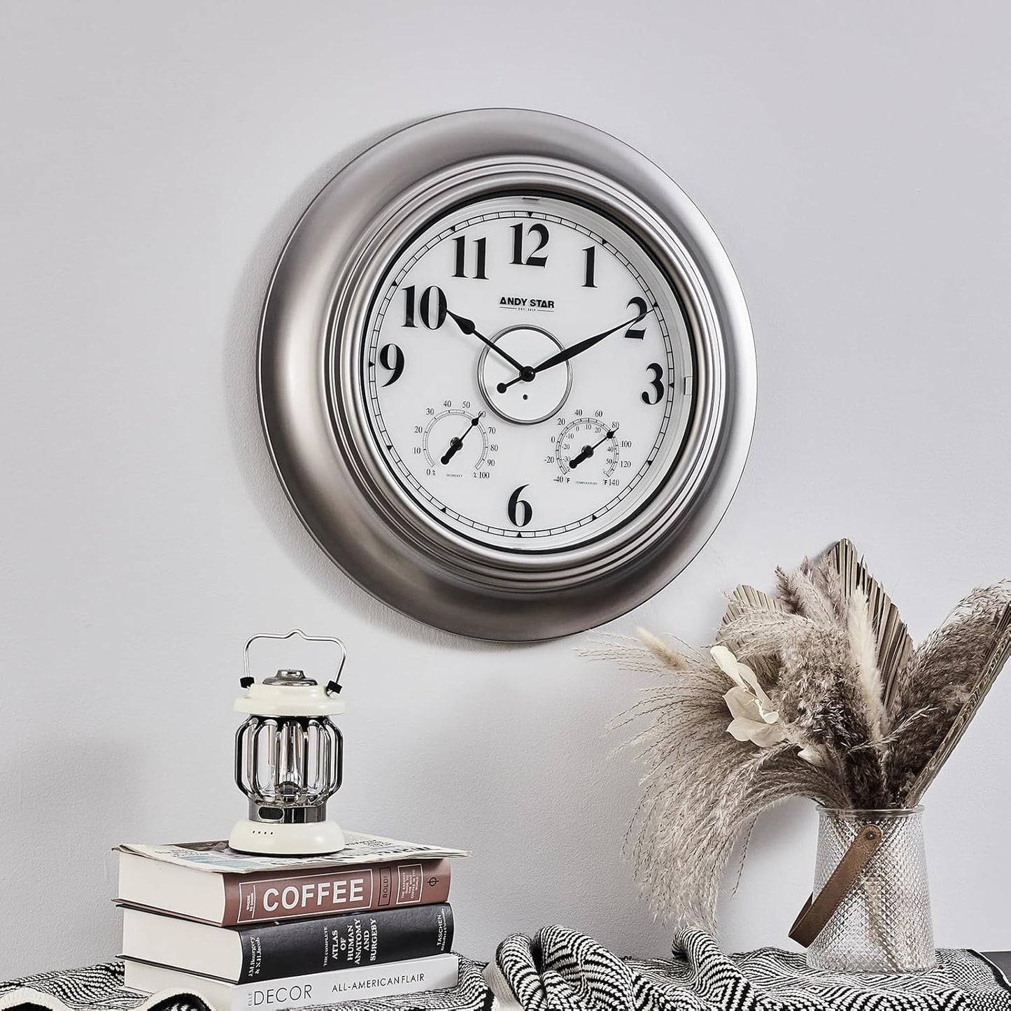 Andy Star 21 Inch Silver Illuminated Outdoor Wall Clock Waterproof with Thermometer and Hygrometer, Oversized Battery Operated Round Wall Clock, Big Silent Non Ticking Clock for Patio Pool Garden