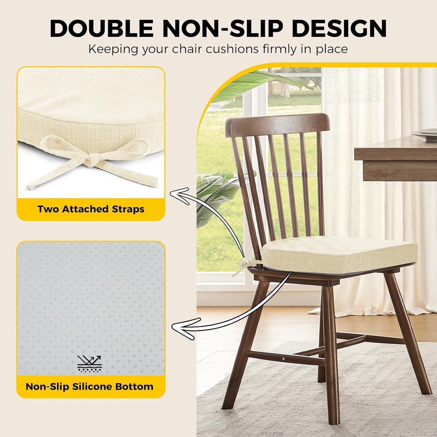 downluxe Indoor Chair Cushions for Dining Chairs, Foam Kitchen Chair Pads with Ties and Non-Slip Backing, 16" x 16" x 2", Beige, 6 Pack