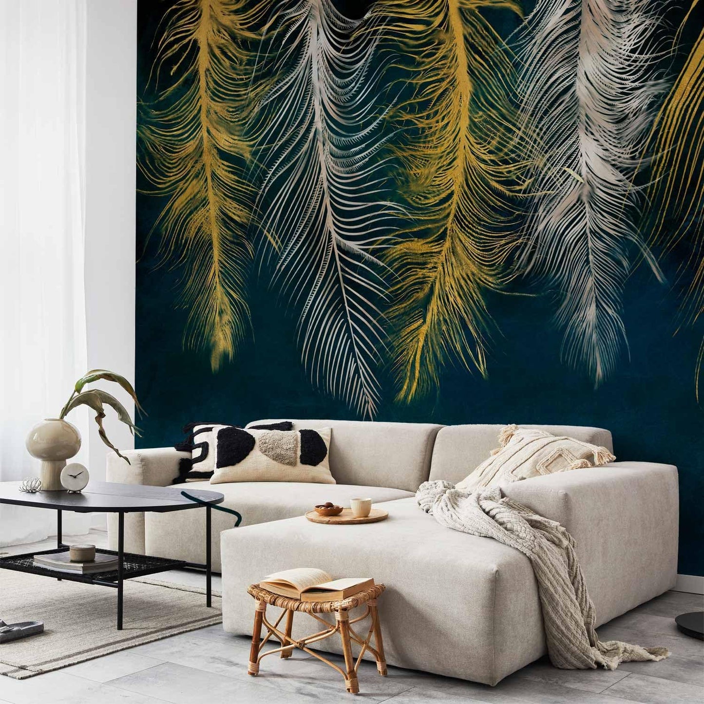 artgeist Premium Wall Mural Feather 79x55 in - Non-Woven Wallpaper Fleece Wall Decor Photo Print Picture Image Design Landscape Abstract Beige Navy Blue b-A-0812-a-a