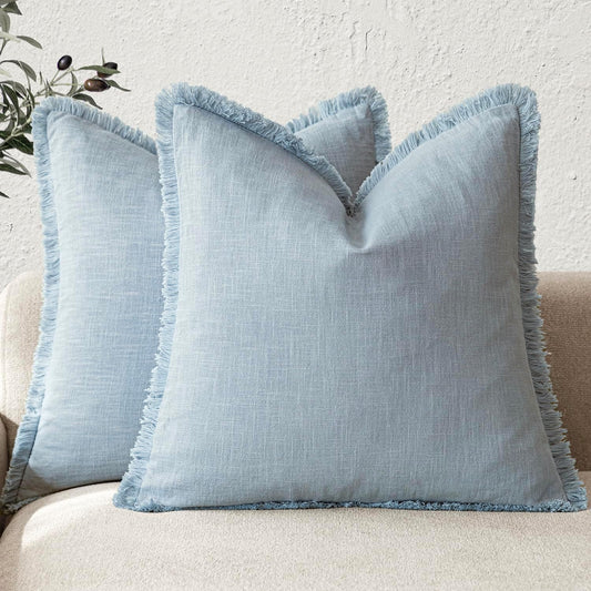 Foindtower Set of 2 Decorative Linen Fringe Throw Pillow Covers Boho Farmhouse Cushion Cover with Tassels Soft Accent Pillowcase for Couch Chair Sofa Bed Living Room Home Decor,16×16 Inch,Sky Blue