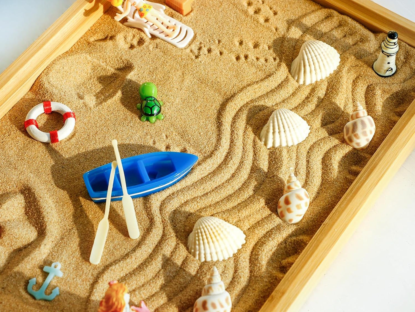 Desktop Miniature Beach Zen Garden - Mini Home Office Tabletop Sandbox Bamboo Rakes Stamps Tray Tool Accessories Kit Meditation Relaxation Decor - Stress Relief Therapy Gifts Kids Adult Father Mother