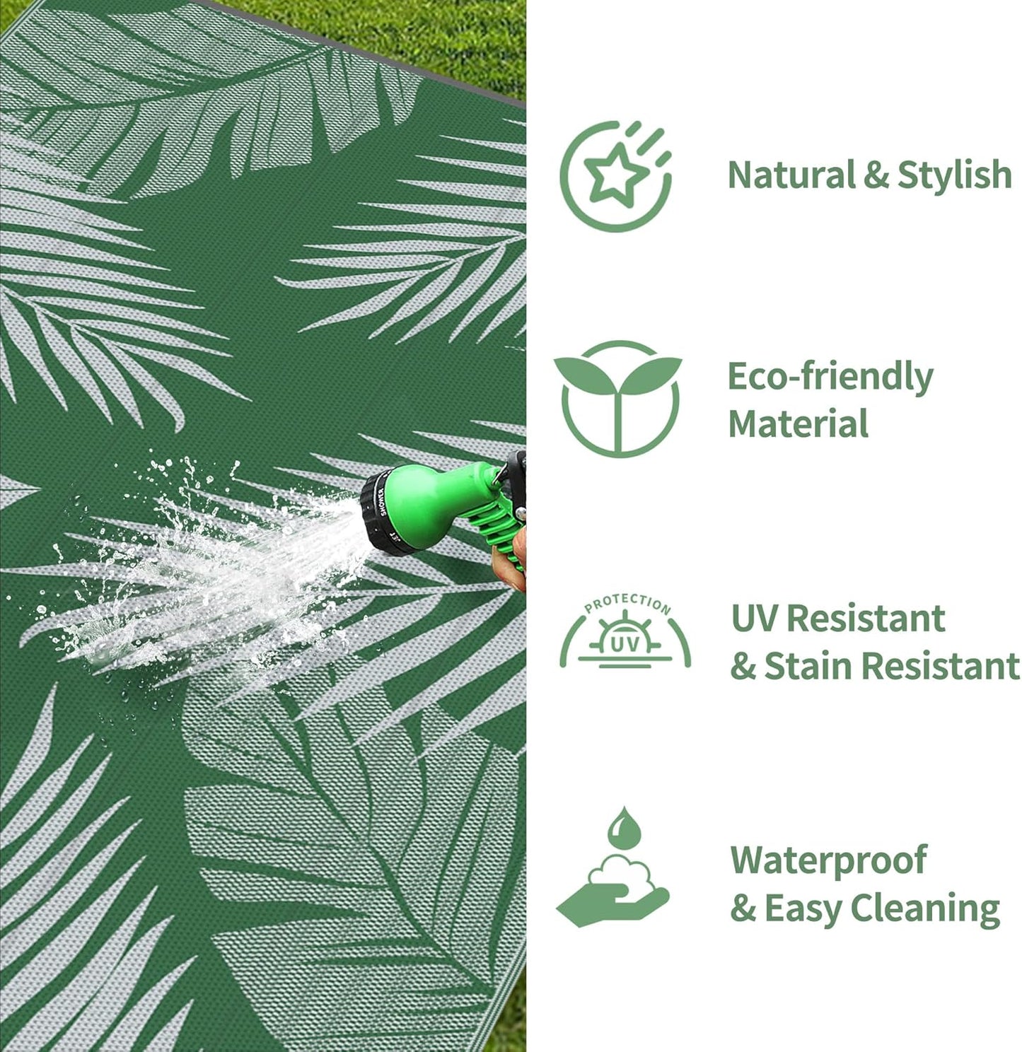 GENIMO Outdoor Rug 6' x 9' Waterproof for Patios Clearance, Reversible Plastic Straw Camping Carpet, Large Area Rugs Mats for RV, Picnic, Backyard, Deck, Balcony, Porch, Beach, Green&Grey