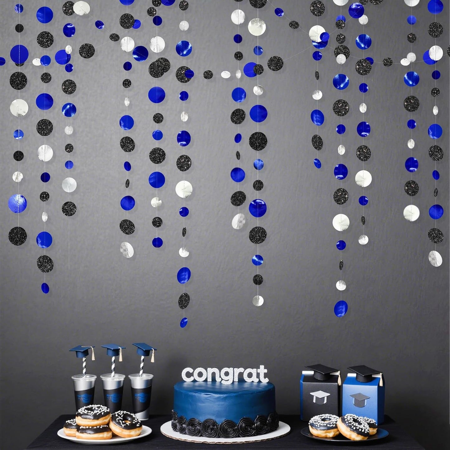 46Ft Navy Blue Black Silver Circle Dots Garland Royal Blue Black Polka Dots Streamer for Birthday Graduations Wedding Bridal Baby Shower Nautical Ahoy Achor Pirate Theme Party Decorations Supplies