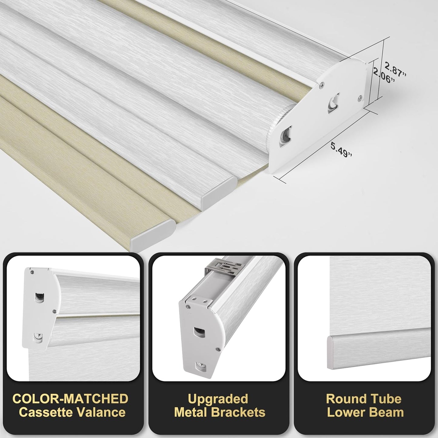 BERISSA Cordless Dual Roller Shades with Cassette Valance, Double Window Shades - Blackout and Light Filtering, Day and Night for Home Office Door. Beige and White. 54 W x 80" H