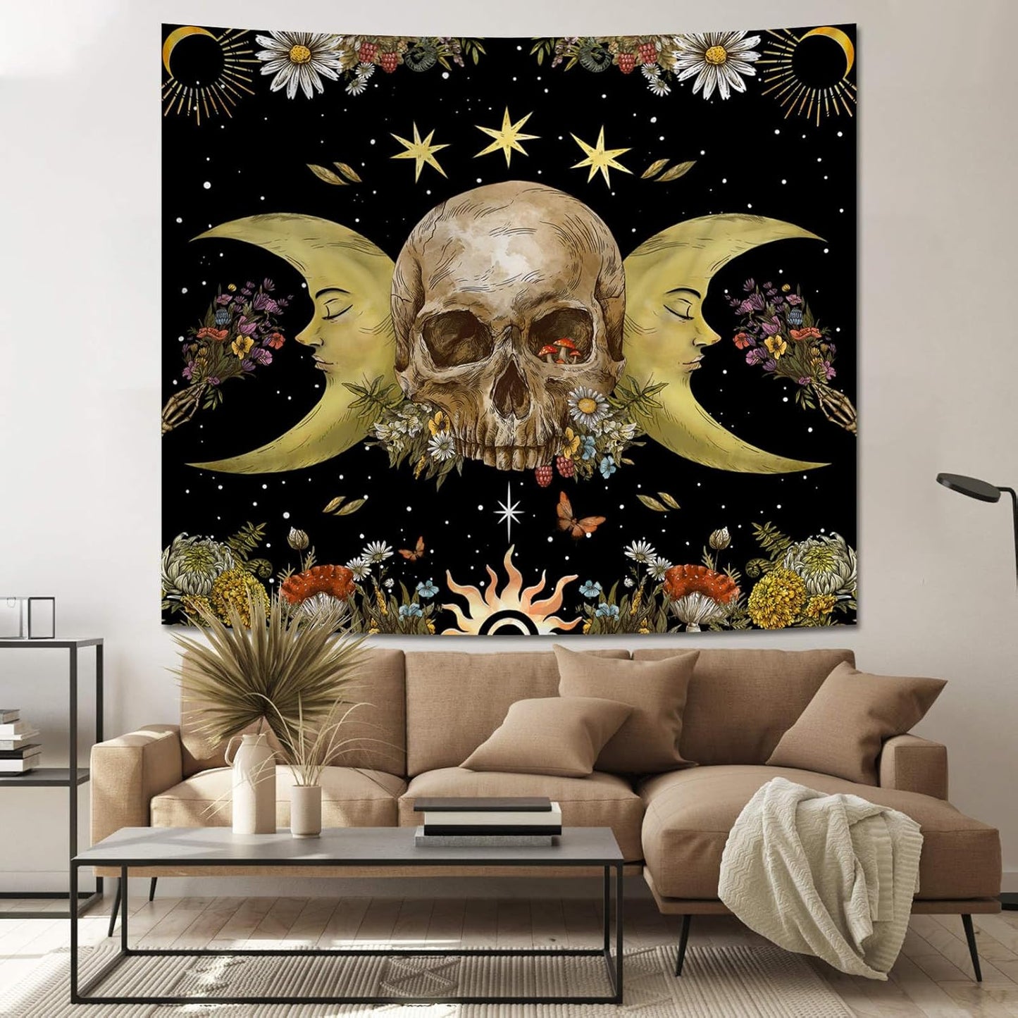 Atrippy Halloween Vintage Gothic Tapestry for Bedroom, Goth Skull Floral Wall Decor Tapestry, Sun and Moon Skeleton Flower Tapestries Aesthetic, Dark Room Decor Wall Hanging for Living Room Dorm 51x60 Inches