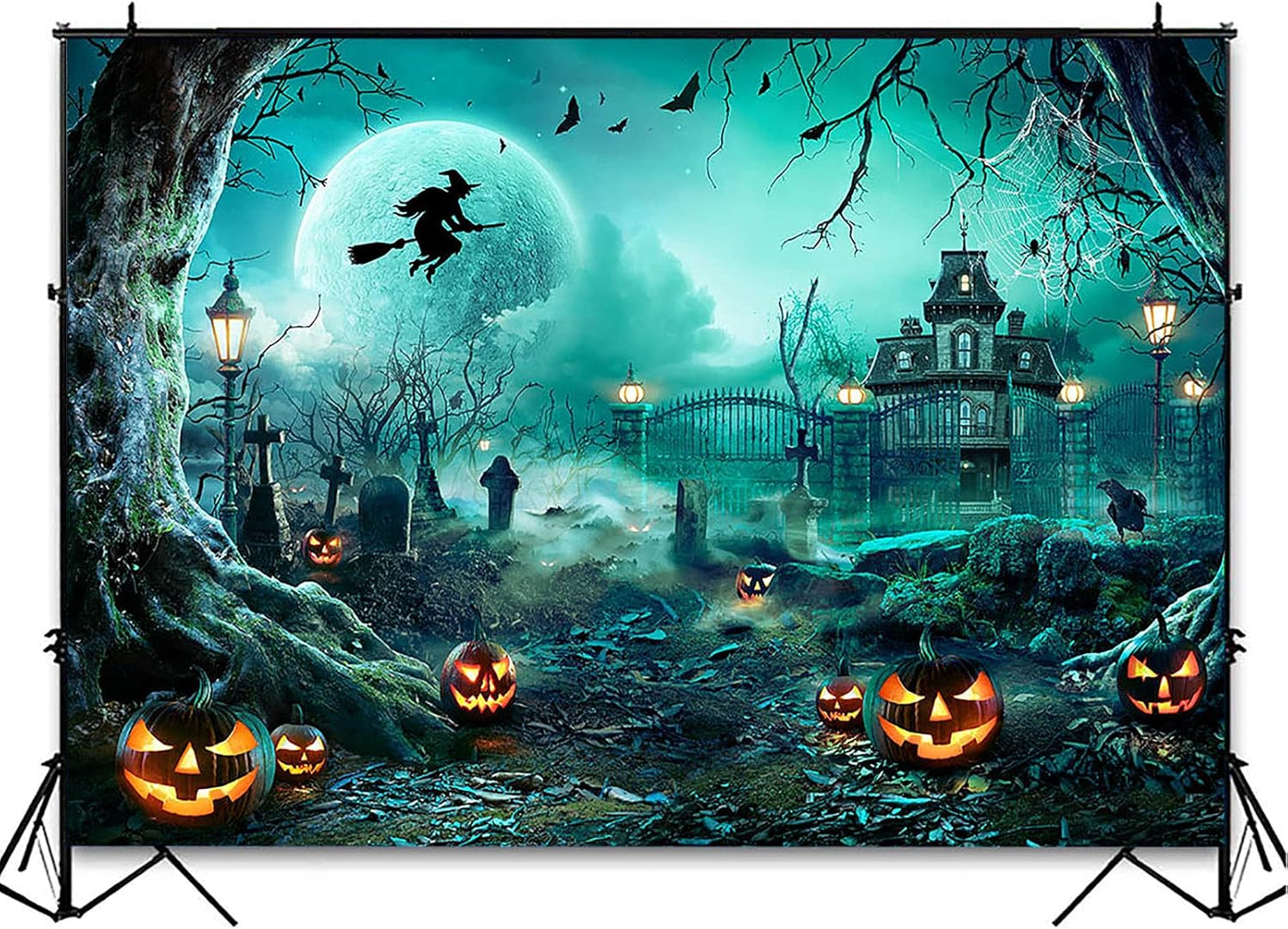 Avezano Halloween Photography Backdrop Full Moon Scary Night Castle Pumpkins Party Background Spooky Witch Bats Cemetery Child Kids Halloween Party Decorations Photoshoot Backdrops (10x7ft, Green)