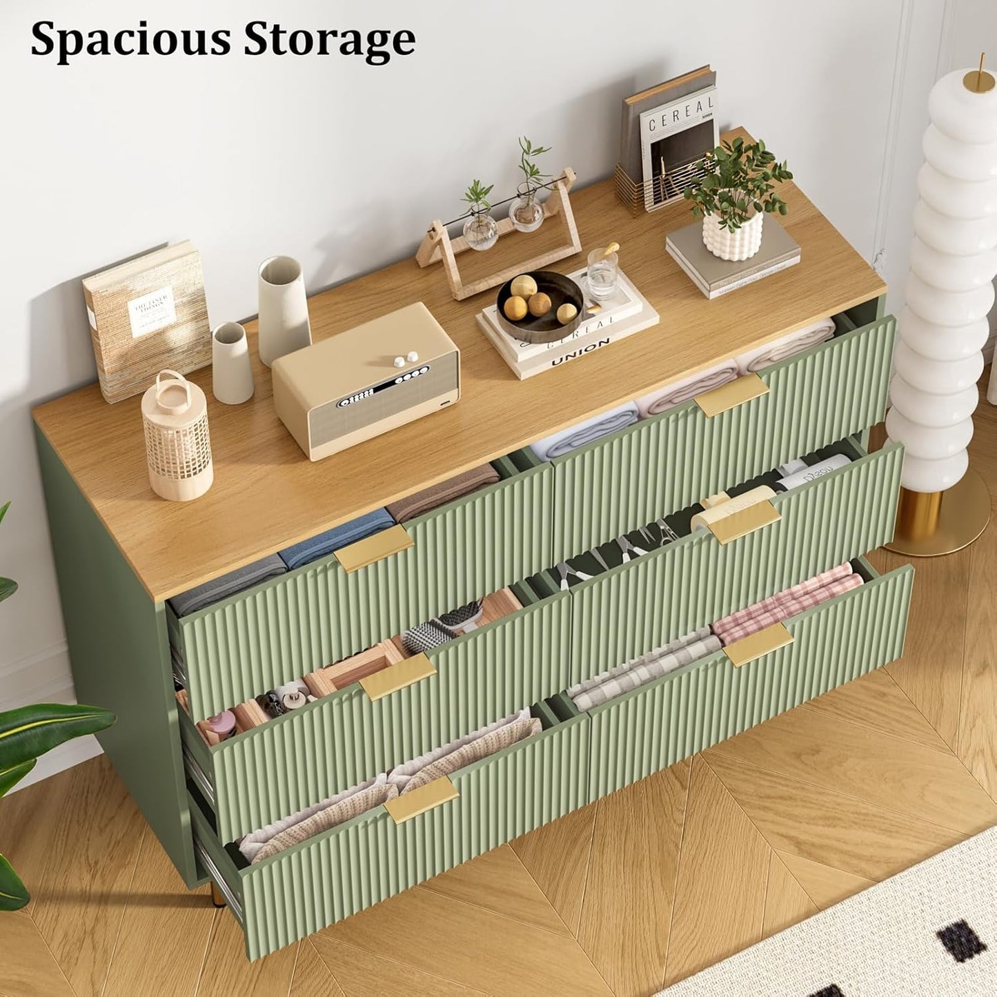 Fluted Wood Dresser 6 Drawers Dresser for Bedroom, Large Modern Chest of Drawers, for Bedroom, Living Room, Hallway, Entryway, Green and Oak