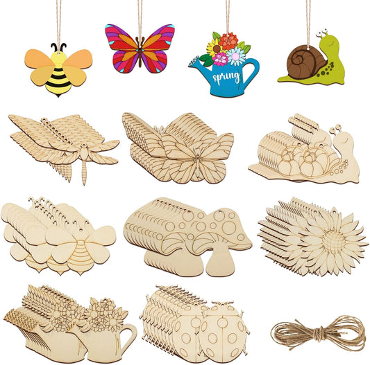 80PCS Wooden Spring Ornaments to Paint, 8 Styles DIY Blank Unfinished Wood Cutouts Ornament for Home Crafts Hanging Decorations, Insect Dragonfly Butterfly Snail Watering Can Mushroom Flower Shape