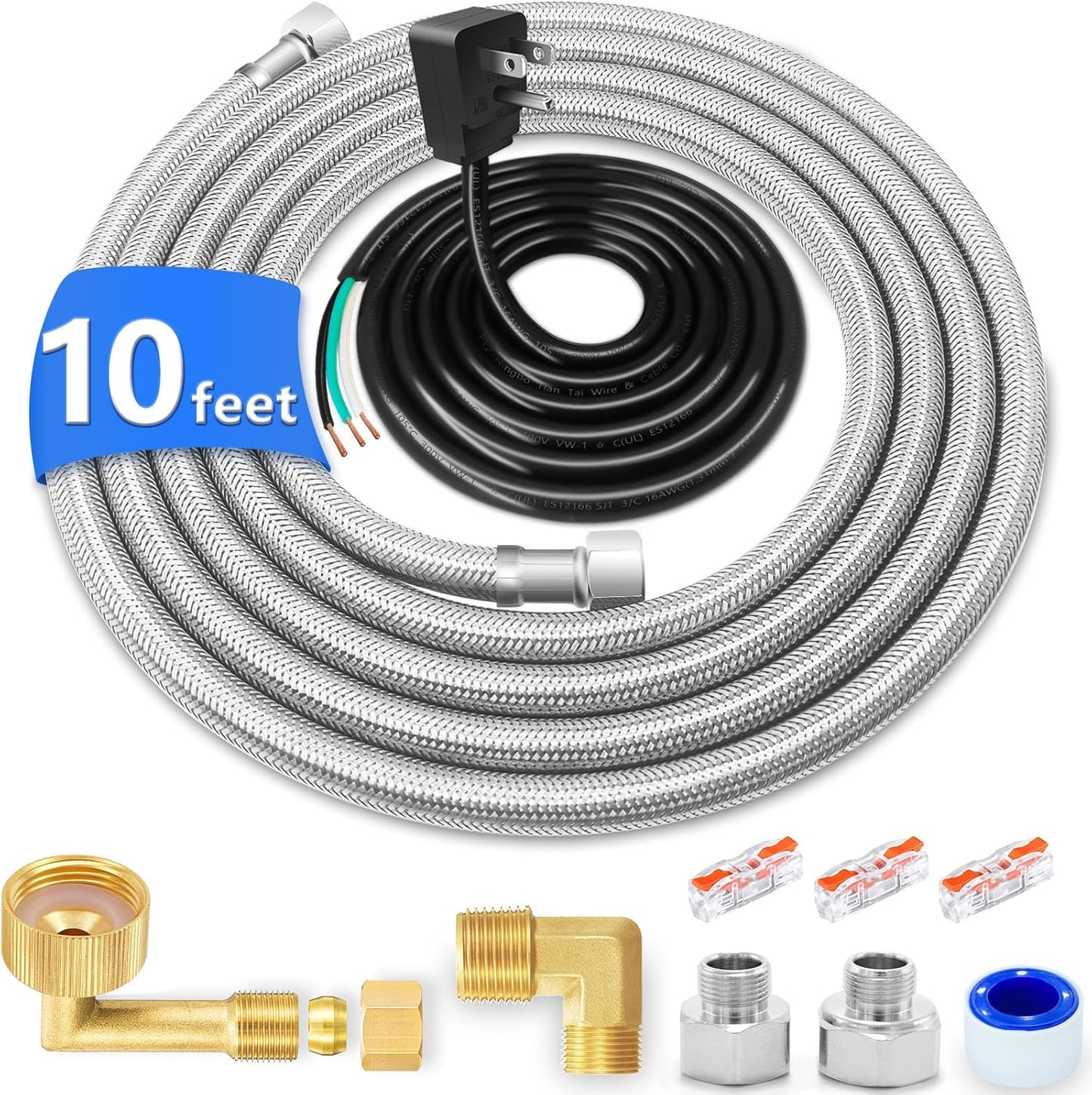 Dishwasher Installation Kit - 10 FT Stainless Steel Dishwasher Hose with 3/8" Compression Connections,Food Grade PEX Inner Tube Dishwasher Water Supply Line with Elbows,Adapters and 6 FT Power Cord