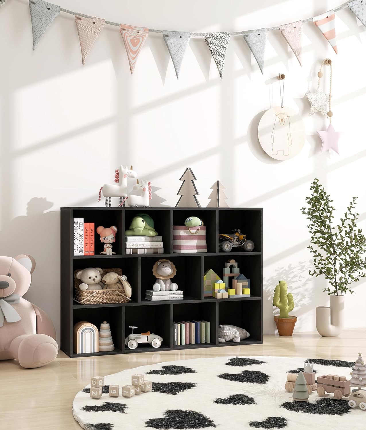 11 Cube Kids Toy Storage Organizer with Kids Shelf, Baby Bookshelf for Nursery, 3-Tier Children Wooden Bookcase, Storage Bookshelf for Classroom, Playroom, Kindergarten, Black