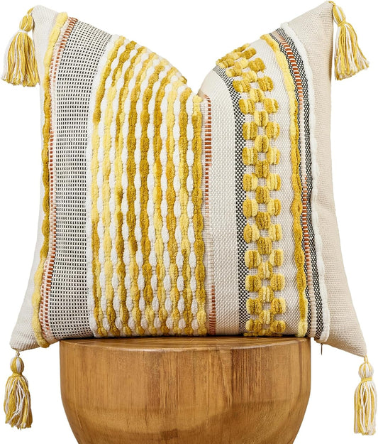 AmHoo Chenille Striped Textured Boho Throw Pillow Covers Aesthetic with Tassels Woven Decorative Pillow Case for Couch Bed Sofa Bedroom Modern Funky 18 x 18-Inch Yellow