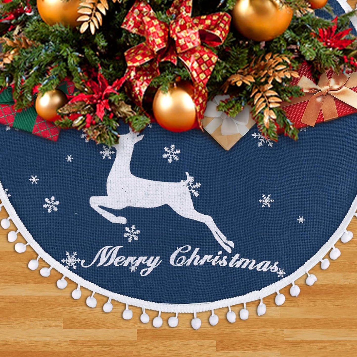 36 Inch Christmas Tree Skirt, Burlap Blue Christmas Rustic Tree Skirt with Elk Deer and White Snowflake Printed for Holiday Party Xmas Tree Decoration