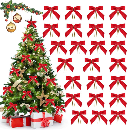 Red Velvet Bows for Christmas Tree Decorations, 24 Pcs Premium Velvet Ribbon Bows, Christmas Tree Ornaments for Xmas Wreaths, Gift Toppers & Holiday Home Decor(1" Width, 3.5x3.5 Inch)