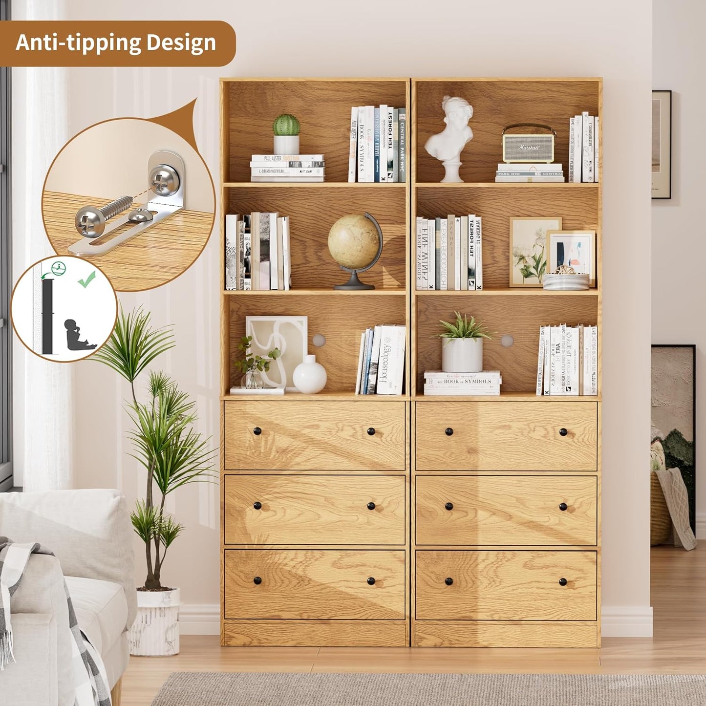 71" Tall Bookshelves Set of 2, Bookcases with Drawers, Bookshelves with Storage, Wooden Bookshelf with 3 Drawers & 3-Tier Open Shelves,Home Decor Furniture for Living Room,Bedroom,Home,Natural