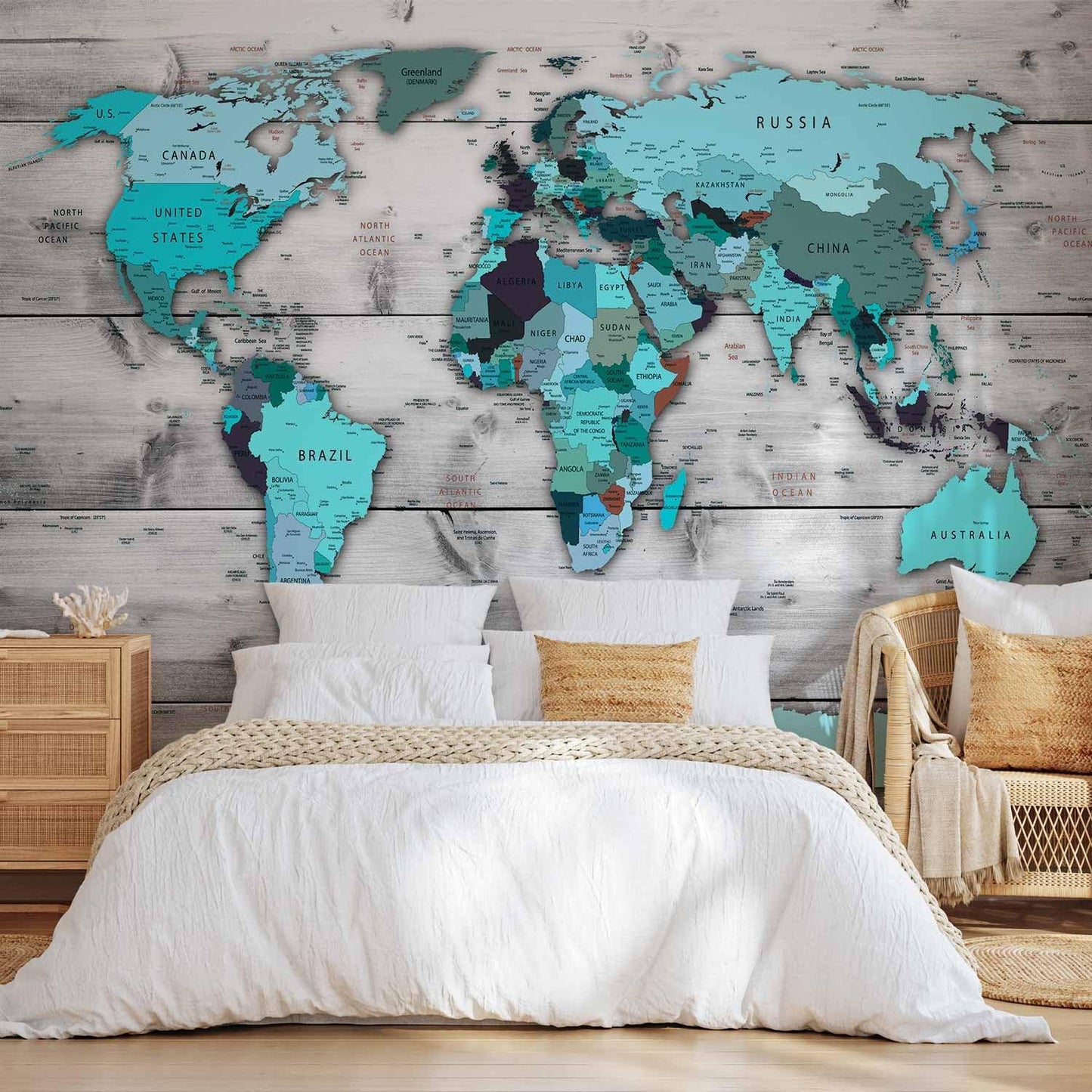 artgeist Premium Wall Mural World Map 177x124 in - XXL Non-Woven Wallpaper Fleece Wall Decor Photo Print Picture Image Design Home Map of The World k-B-0009-a-d