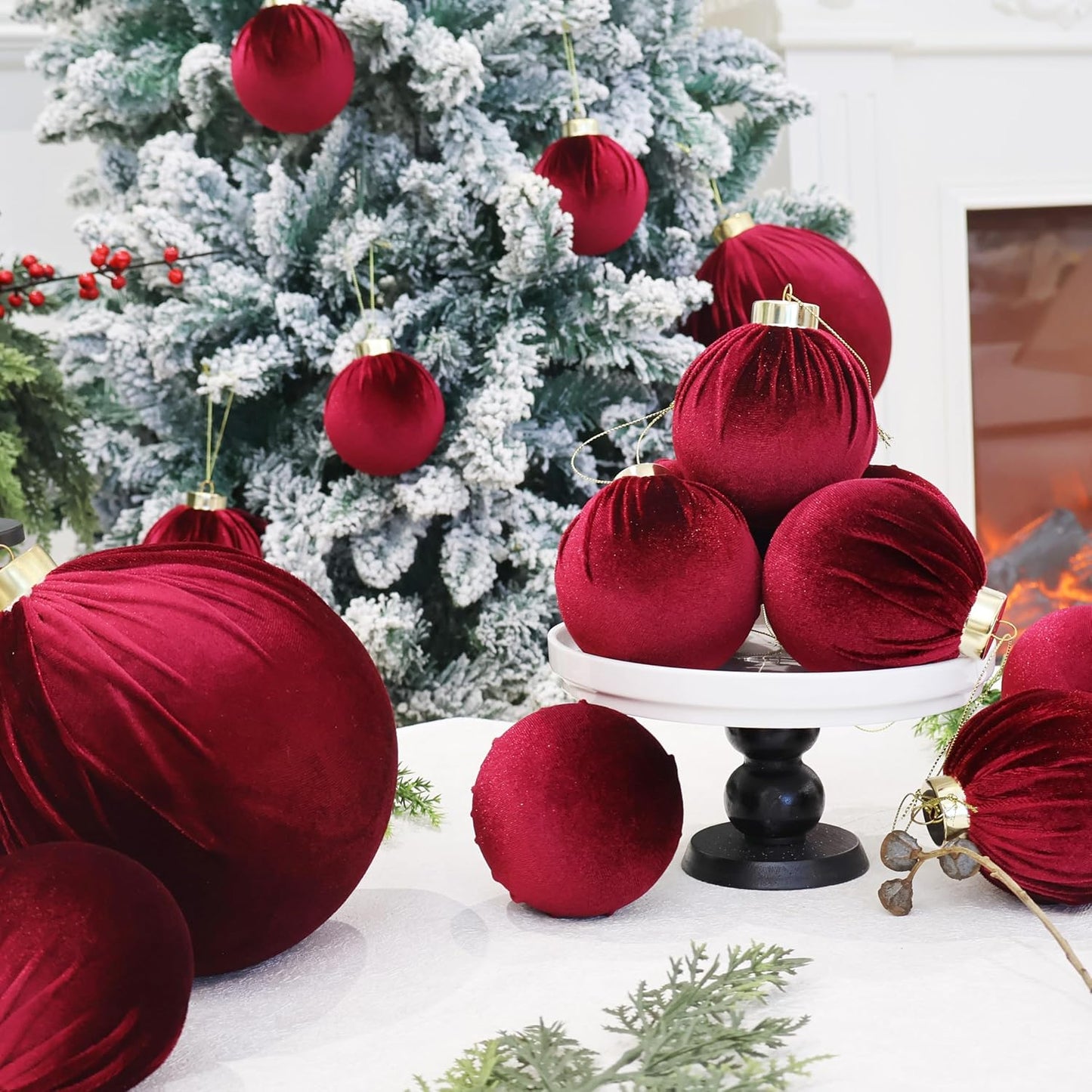 3.15inch Burgundy Velvet Ornaments for Christmas Tree, 15pcs Flocked Christmas Ornaments Decorations Balls Set Decor