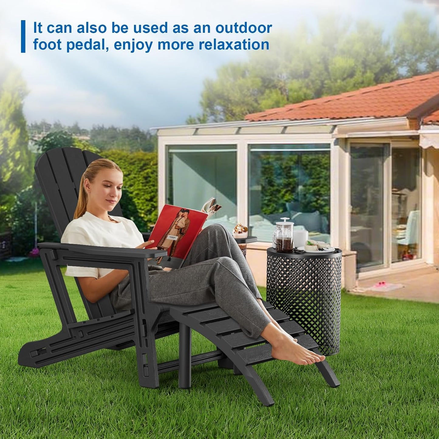 Adirondack Ottoman, HDPE Plastic Adirondack Footstool, All Weather Foot Rest for Adirondack Chair, Outdoor Footrest for Patio,Backyard, Lawn, Fire Pits, Black