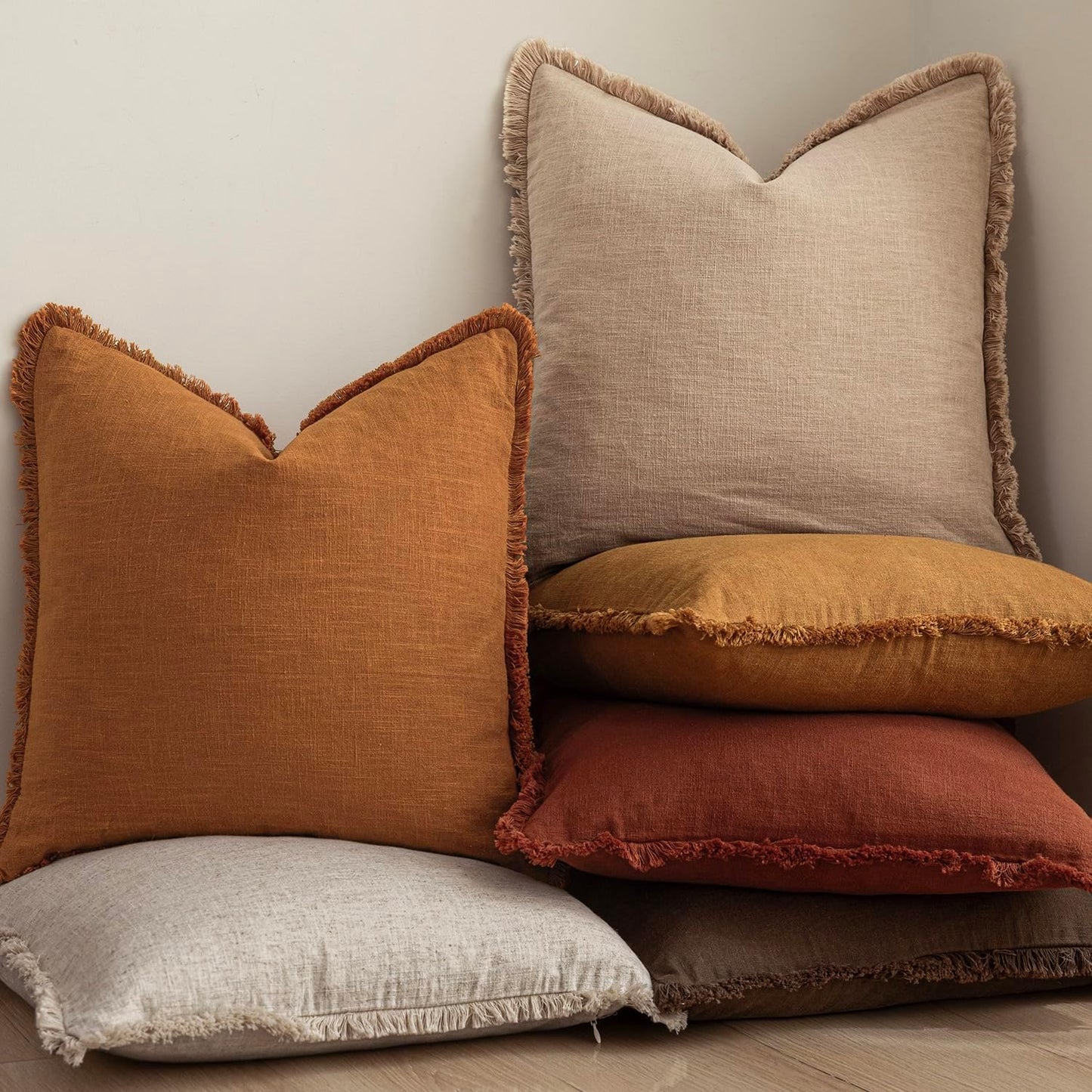 Foindtower Set of 2 Decorative Linen Fringe Throw Pillow Covers Cozy Boho Farmhouse Cushion Cover with Tassels Soft Accent Pillowcase for Couch Sofa Bed Living Room Home Decor, 18×18 Inch, Orange