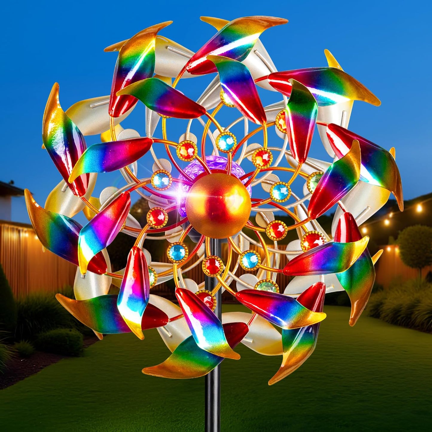 54'' Wind Spinners Outdoor Solar Garden Decor Light - Unique Gemstone Colorful Windmill, Durable Waterproof Design for Garden, Lawn, Patio