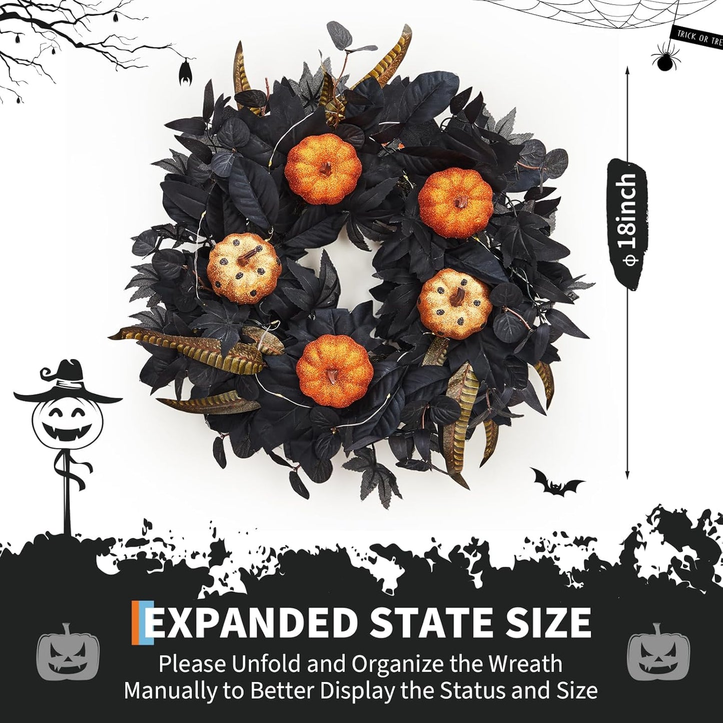GarveeHome Halloween Wreath for Front Door, 18 Inch Fall Wreath with Pumpkins and Maple Leaves for Indoor Outdoor Wall Window Porch Patio Garden Farmhouse Home Party Prom Decoration