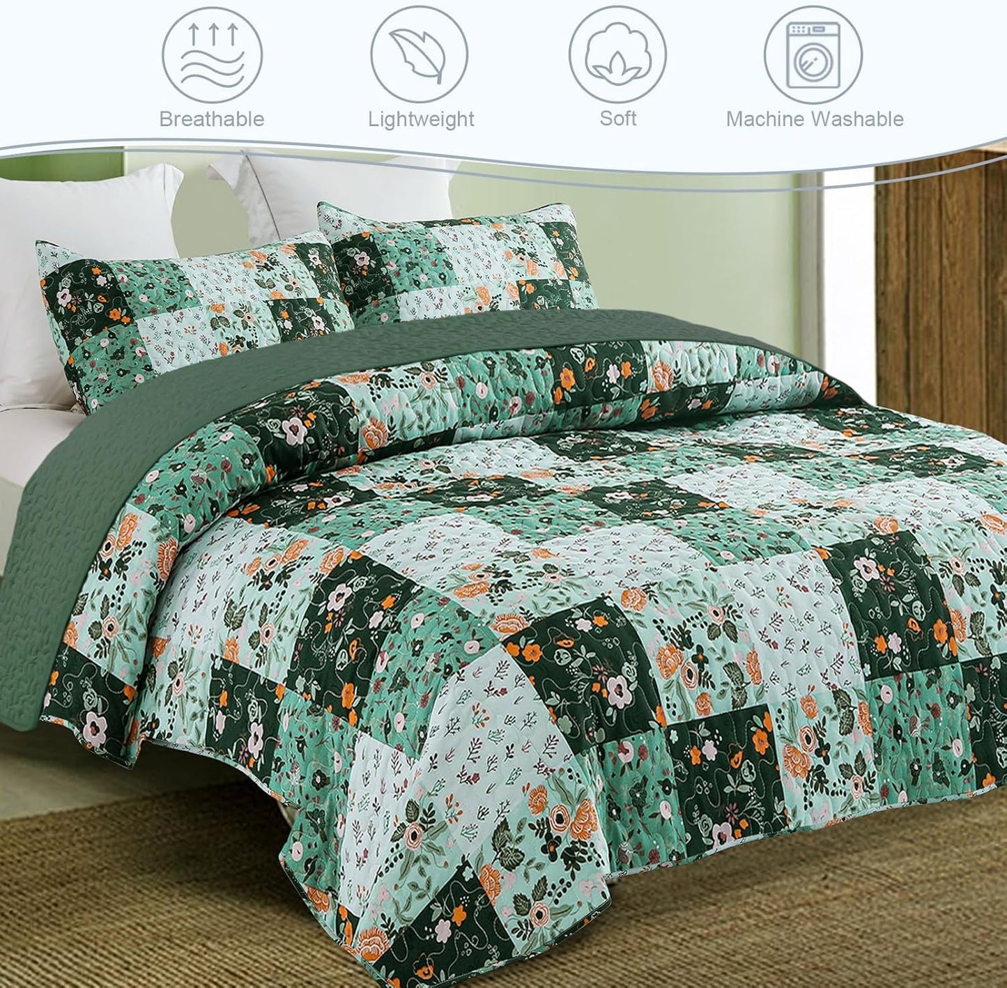 Exclusivo Mezcla Reversible Boho Quilt Set Queen Size, 3 Pieces Patchwork Green All Season Bedspreads, Ultra Soft Floral Coverlet Bedding Set with Printed Pattern (1 Quilt, 2 Pillow Shams)
