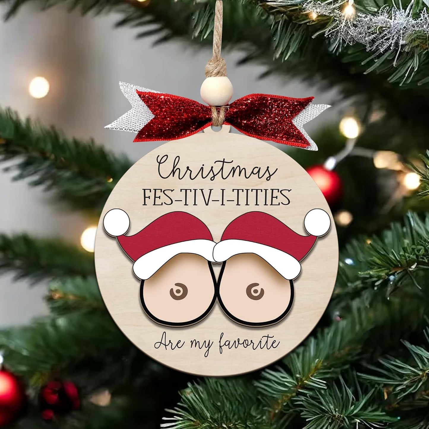 Funny Christmas Ornament – Adult Humor Naughty Holiday Gag Gift for White Elephant & Secret Santa, Wooden Round Tree Decoration with Festive Pun Quote, Hilarious Gift Exchange Ornament