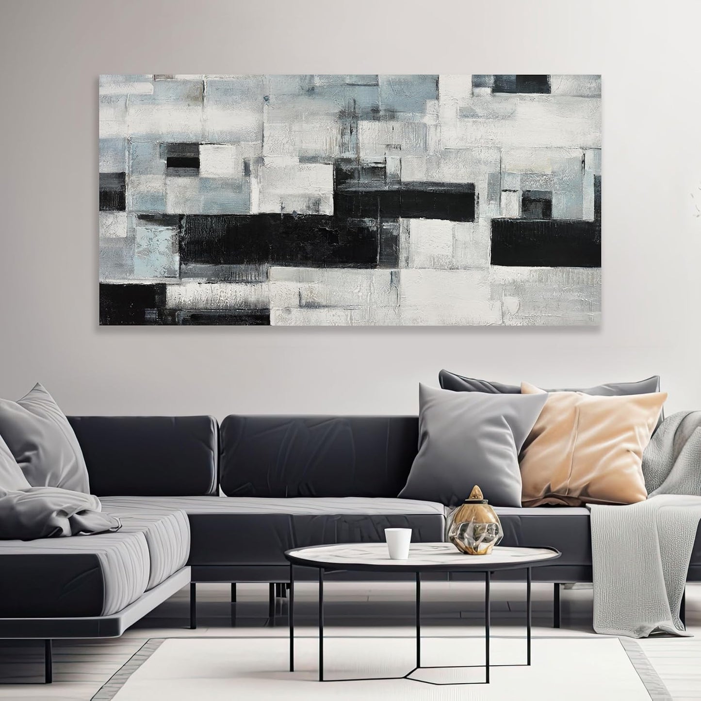 Glvzygy Abstract Wall Art Room Decor Black White and Gray Plaid Minimalism Picture Abstract Art Wall Decor Modern Abstract Wall Art Canvas for Living Room Bedroom Office 29"x58"