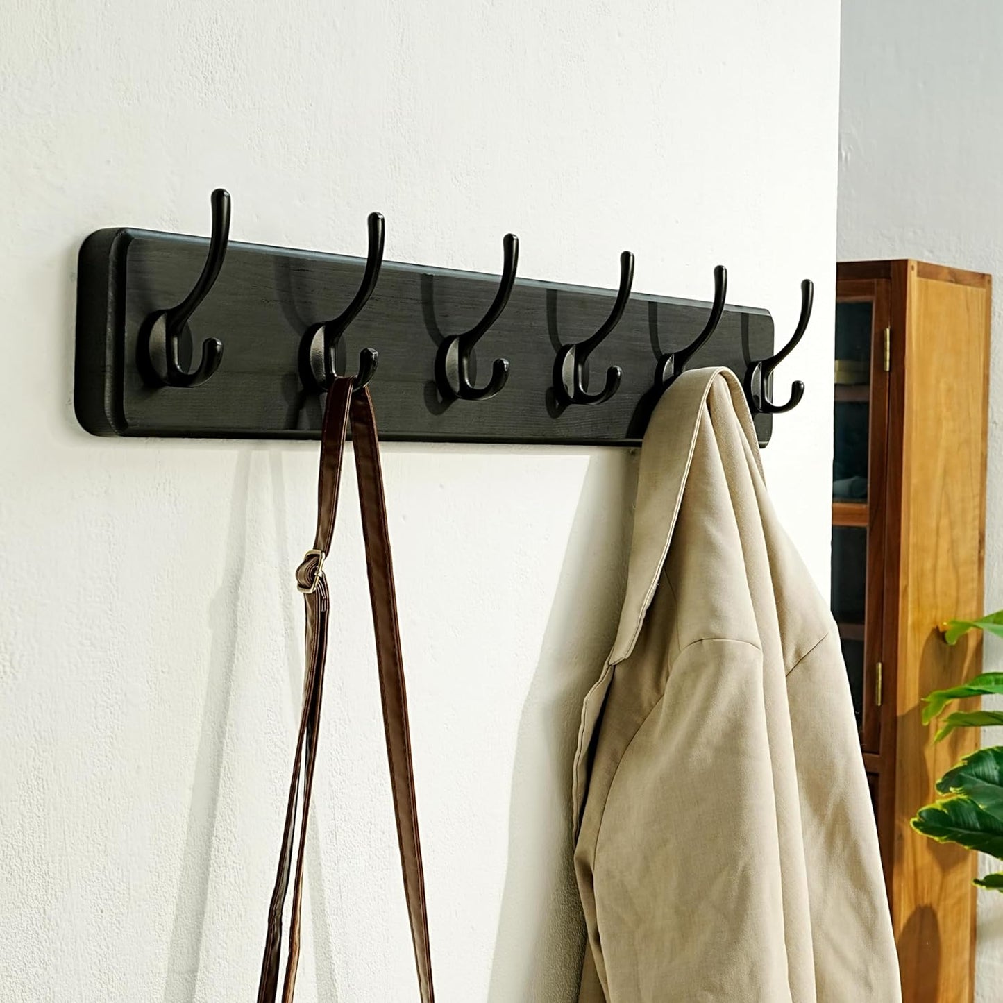 Dseap Wall Mounted Coat Rack: 24" Long, Patented, Heavy-Duty, 6-Double-Hooks Wooden Hanger Rail for Winter Coats, Hat, Jacket, Clothing - Black, Pack of 2