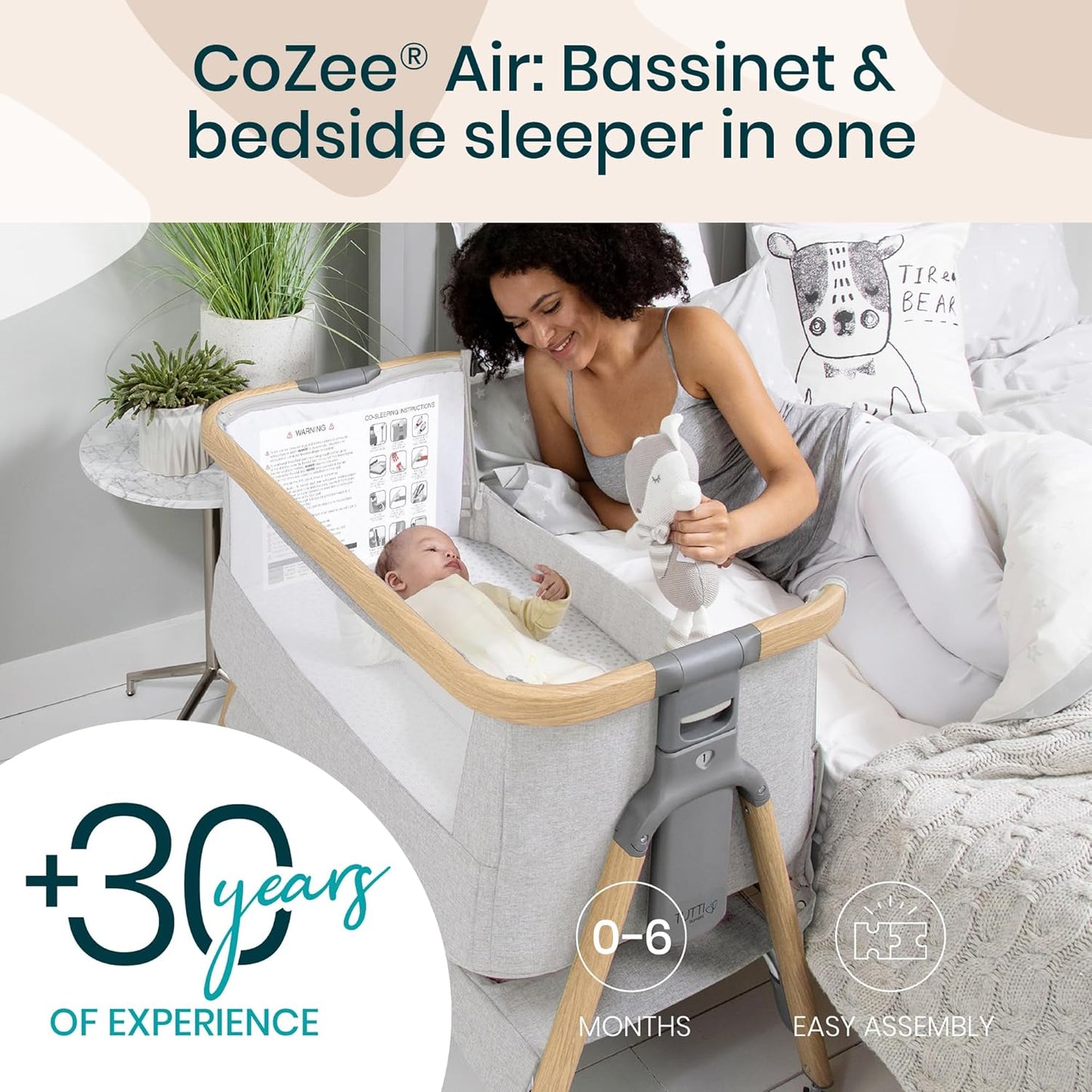 CoZee® Air Baby Bassinet & Bedside Sleeper - Rocking Bassinet for Baby, Fast-Folding with Travel Bag, Deluxe Airflow Mattress & 6 Mattress Heights, 0-6 Months (Silver & Oak)