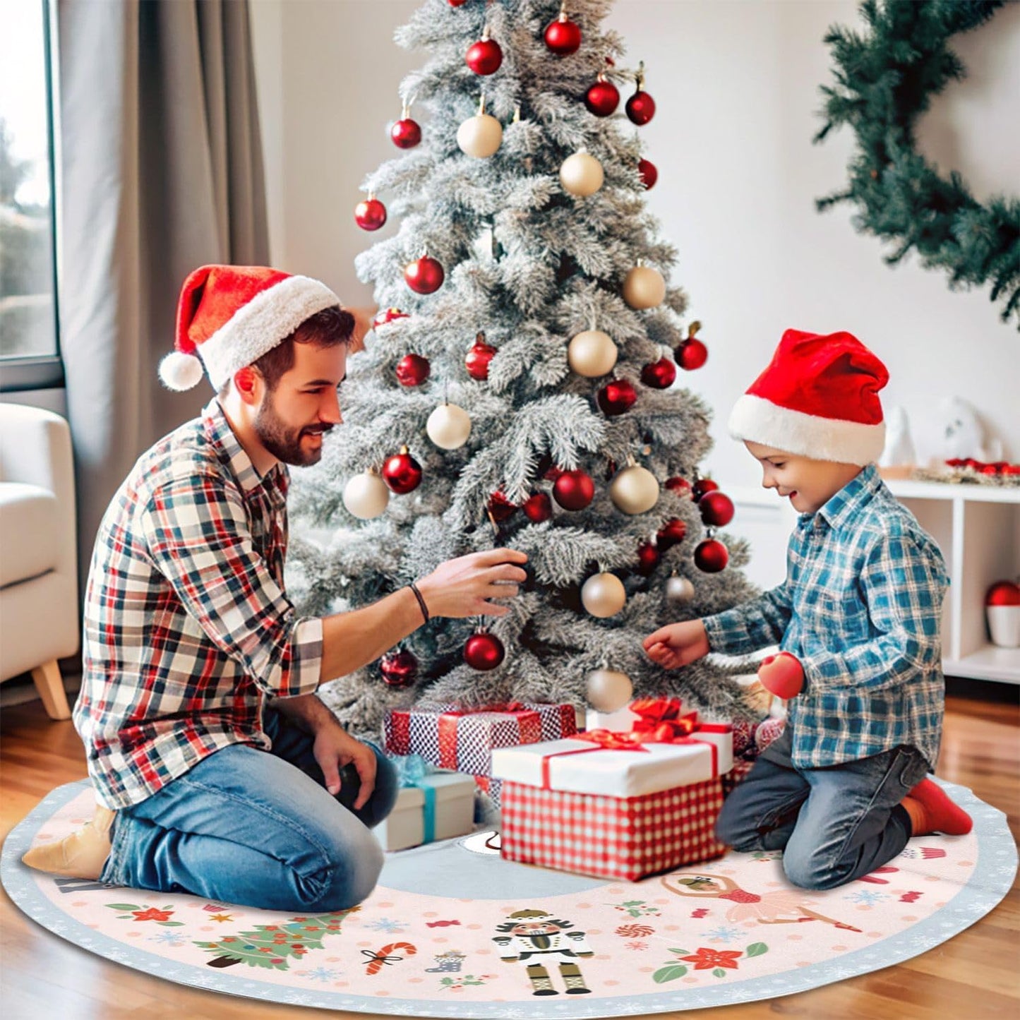 48" Large Christmas Tree Skirt, Cute Nutcracker Candy Pattern Tree Mat Base Cover for Xmas Festive Holiday Party Decoration Ornaments