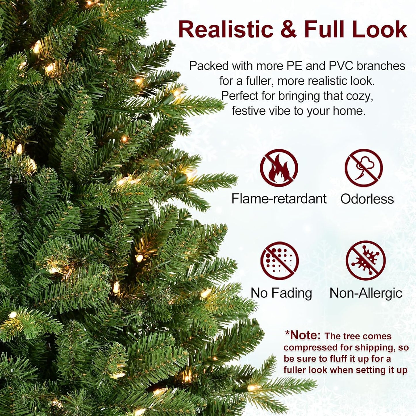 9FT Pre-Lit Artificial Christmas Tree with 3658 PE&PVC Mixed Branch Tips, 850 Warm White Lights, Hinged Premium Spruce Fake Xmas Trees, Green, Foldable Base