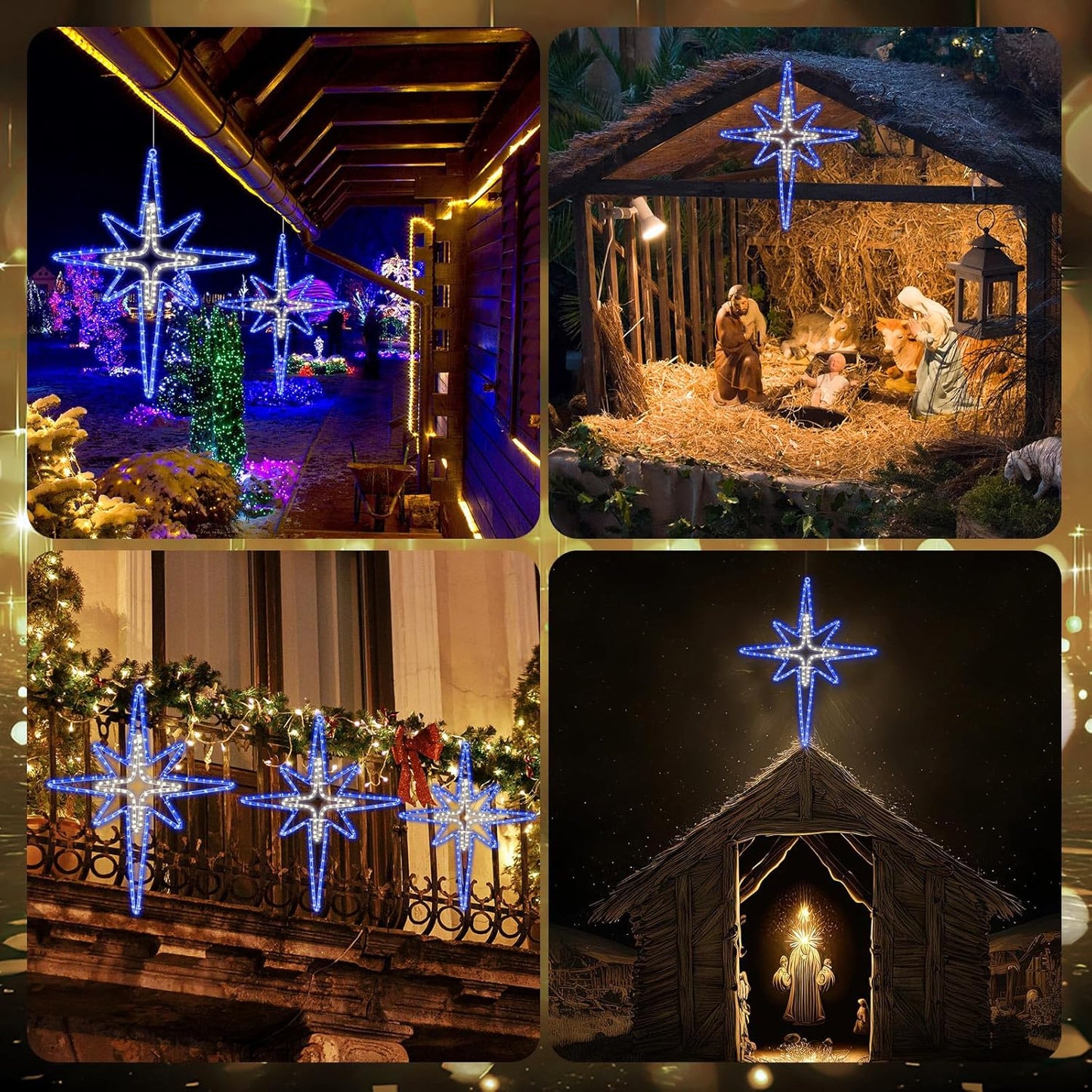 28" Christmas Star of Bethlehem LED Star Hanging Lights Nativity Holy Family Light for Door Window Porch Wall Decoration Plug Operated Lighted Hanging Tree Topper (Blue, Light Yellow)