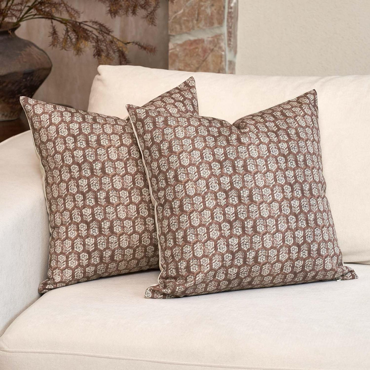 DOMVITUS Floral Pillow Covers Set of 2, 24x24 Pillow Covers, Floral Print Neutral Accent Decorative Pillow Covers for Living Room, Bed, Cognac Brown