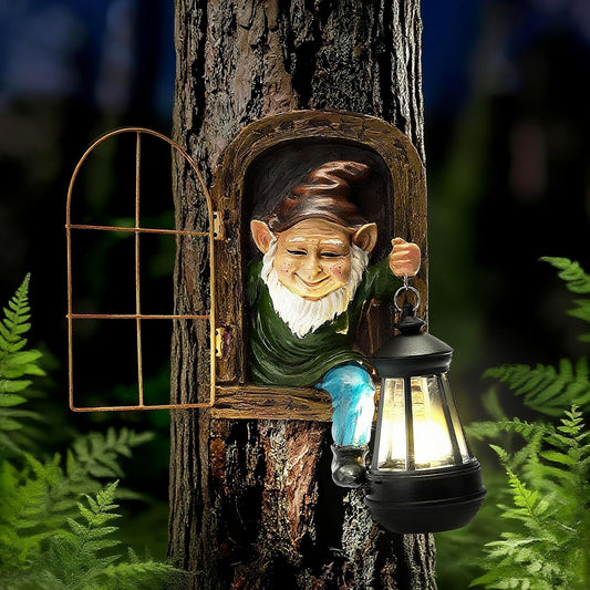 Garden Gnome Decor Outdoor Statue - Gnome With Solar Waterproof Lantern, Whimsical Elf Out The Door Tree Hugger Garden Statues, Home, Fence, Patio, Resin Ornament, Gardening Gift Tree Faces Gnomes