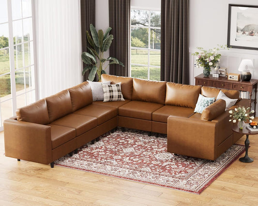 118.5" Faux Leather Modular Sectional Sofa, U Shaped Couch Set for Living Room, Large 8-Seater Comfy Cloud Couches with Storage Seat DIY Combination - Brown