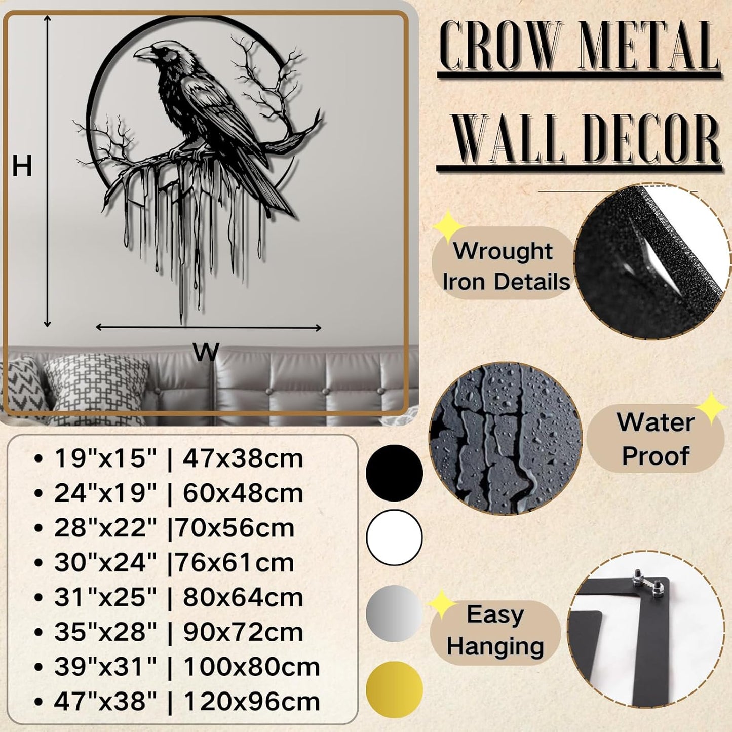 Crow Metal Wall Decor, Raven Wall Art, Large Gothic Raven Decor Hangings, Bird Wall Decor, Metal Tree Branch Decor, Ravens Sign, Raven Art for Living Room (Silver, 28"x22" |70x56cm, metal wall art)