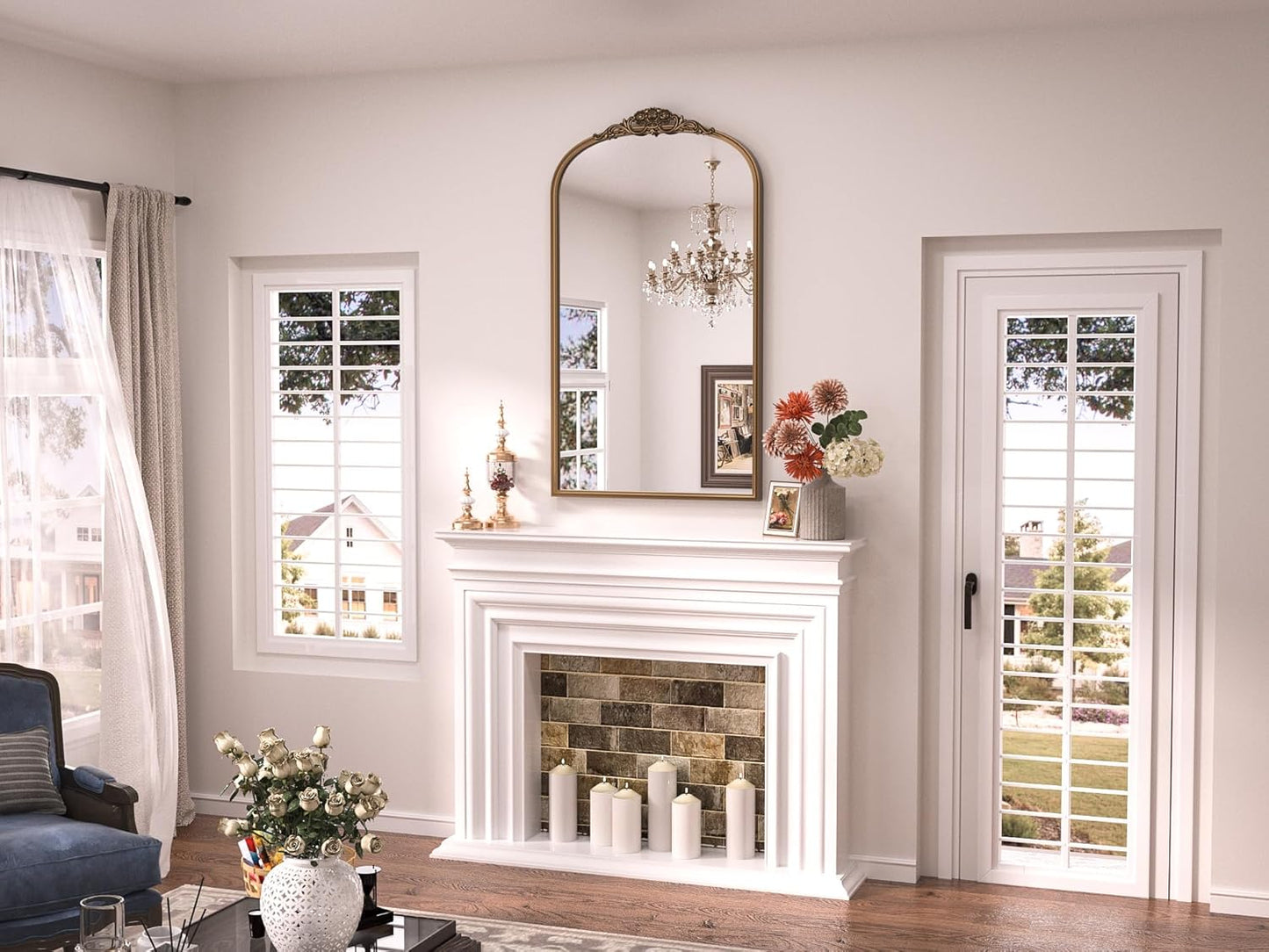 Keonjinn Vintage Gold Mirror 24" x 40", Large Mirror Decorative for Wall, Antique Bathroom Mirrors, Ornate Brass Mantle Mirrors, Baroque Decor for Entryway, Hallway, Living Room, French Cleat Mounting