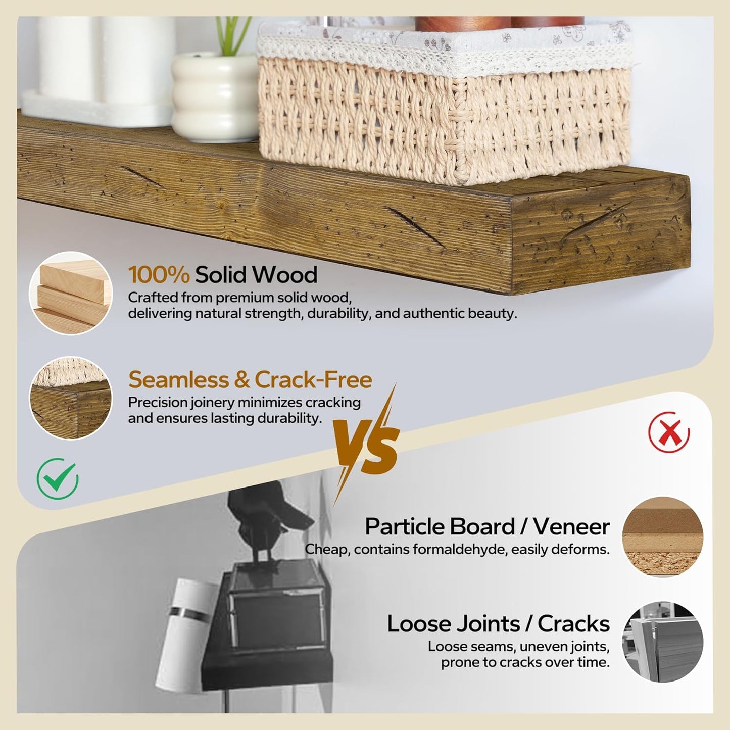 Floating Shelves 3 inch Thick for Wall Set of 2,Solid Pine Wood Wall Mount Shelf for Kitchen Living Room Bedroom Bathroom,8" D x 36" L x 3" H-Distressed Black Walnut