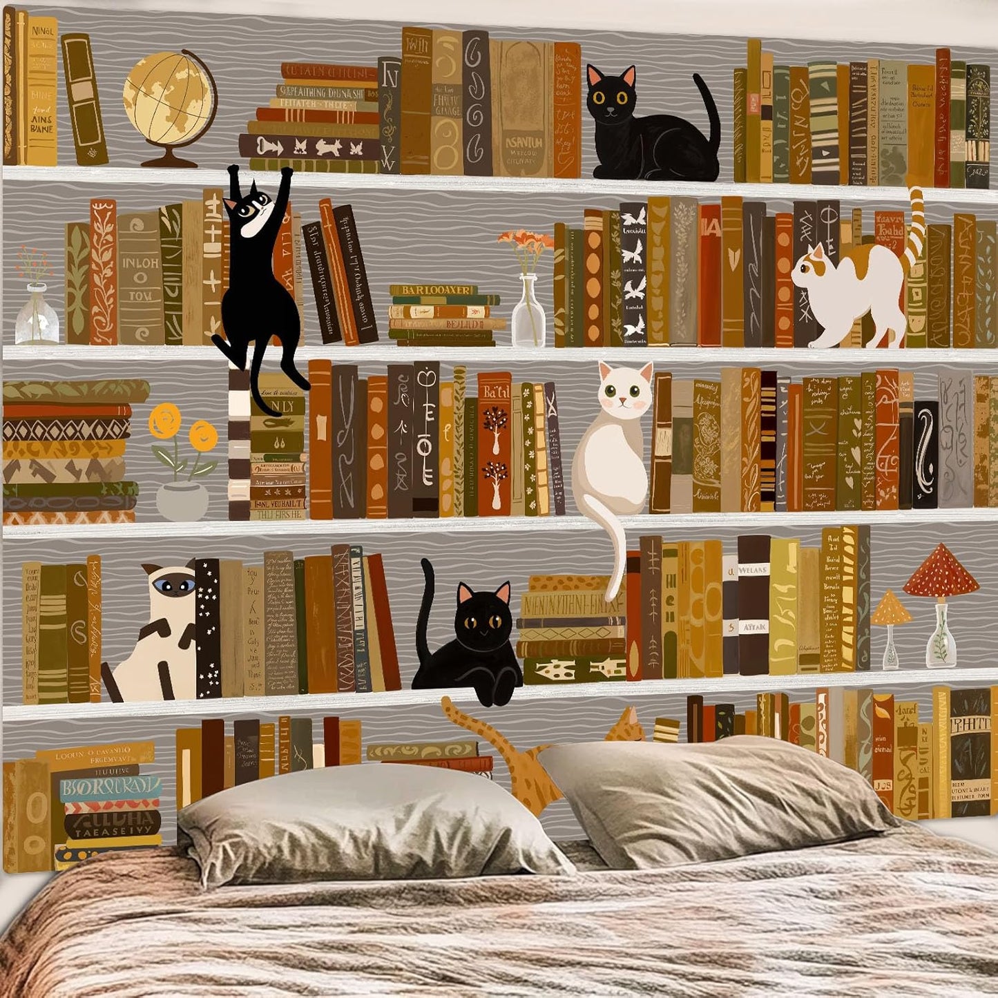 Accnicc Cat Bookshelf Tapestry Black White Cute Cats Book Shelf Tapestries Wall Hanging Art Vintage Retro Academics Library Book Tapestry for Bedroom Living Room Dorm 80 x 60 inch