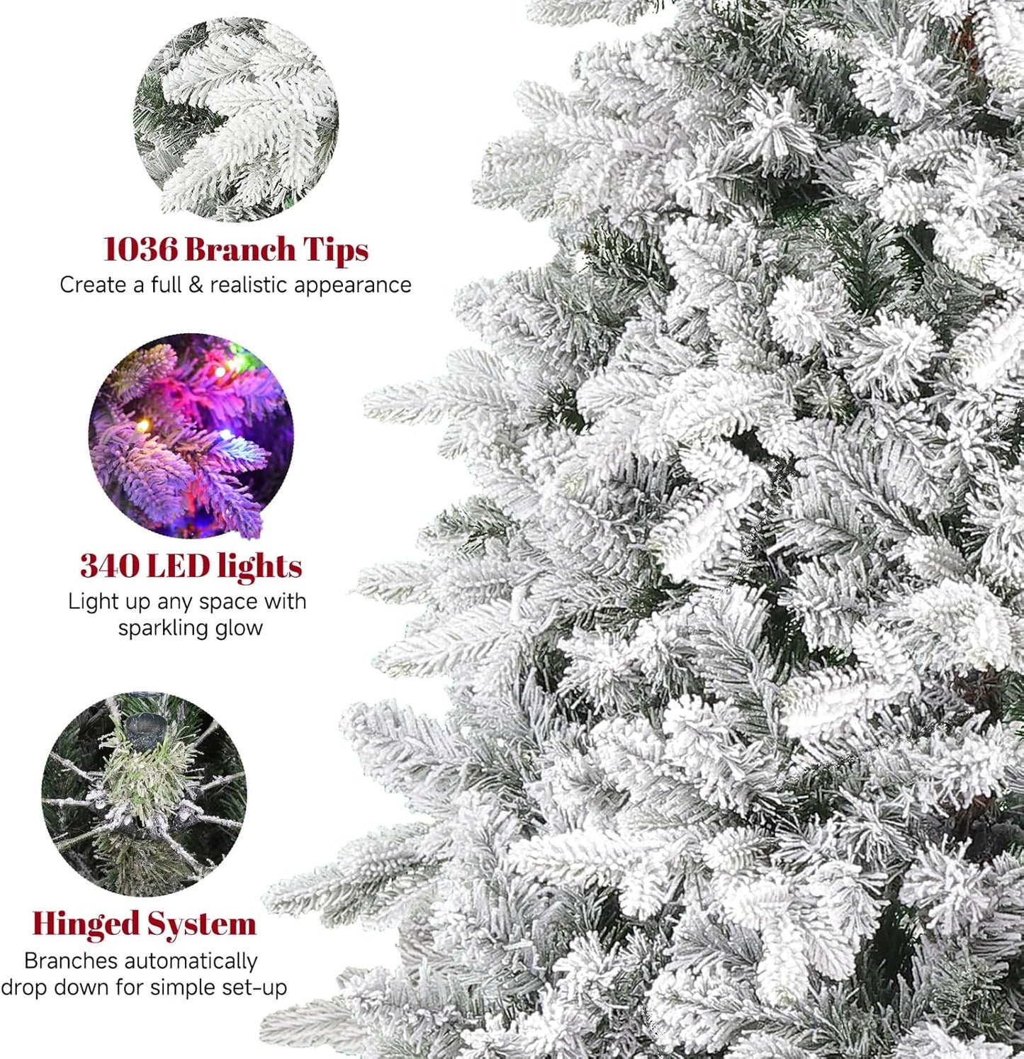 6.5FT Snow Flocked Pre-Lit Christmas Tree with 360° Rotating Base, 1036 PE/PVC Tips, 340 LED Lights, 8 Modes, Dimmable and Timer Functions, Musical Artificial Xmas Tree for Holiday Decor