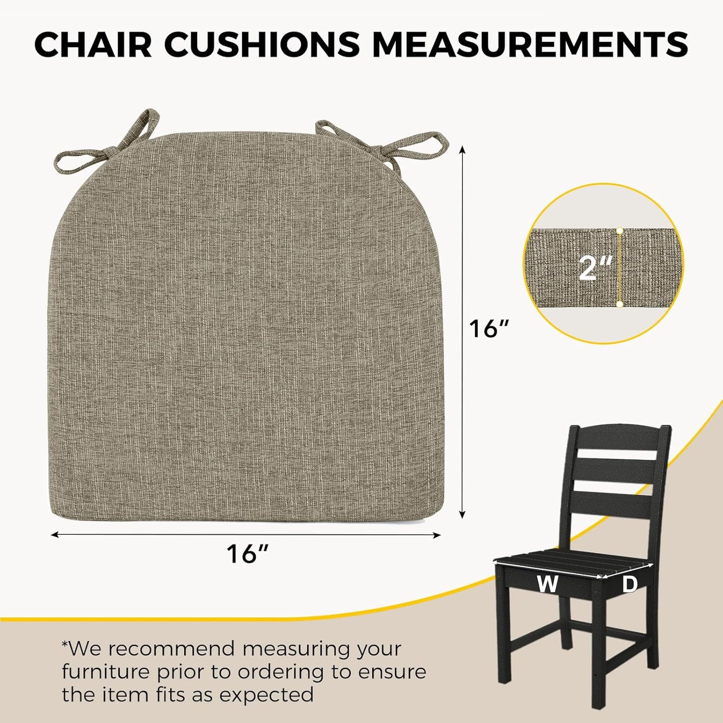 downluxe Indoor Chair Cushions for Dining Chairs, Soft and Comfortable Textured Foam Kitchen Chair Pads with Ties and Non-Slip Backing, 16" x 16" x 2", Khaki, 6 Pack