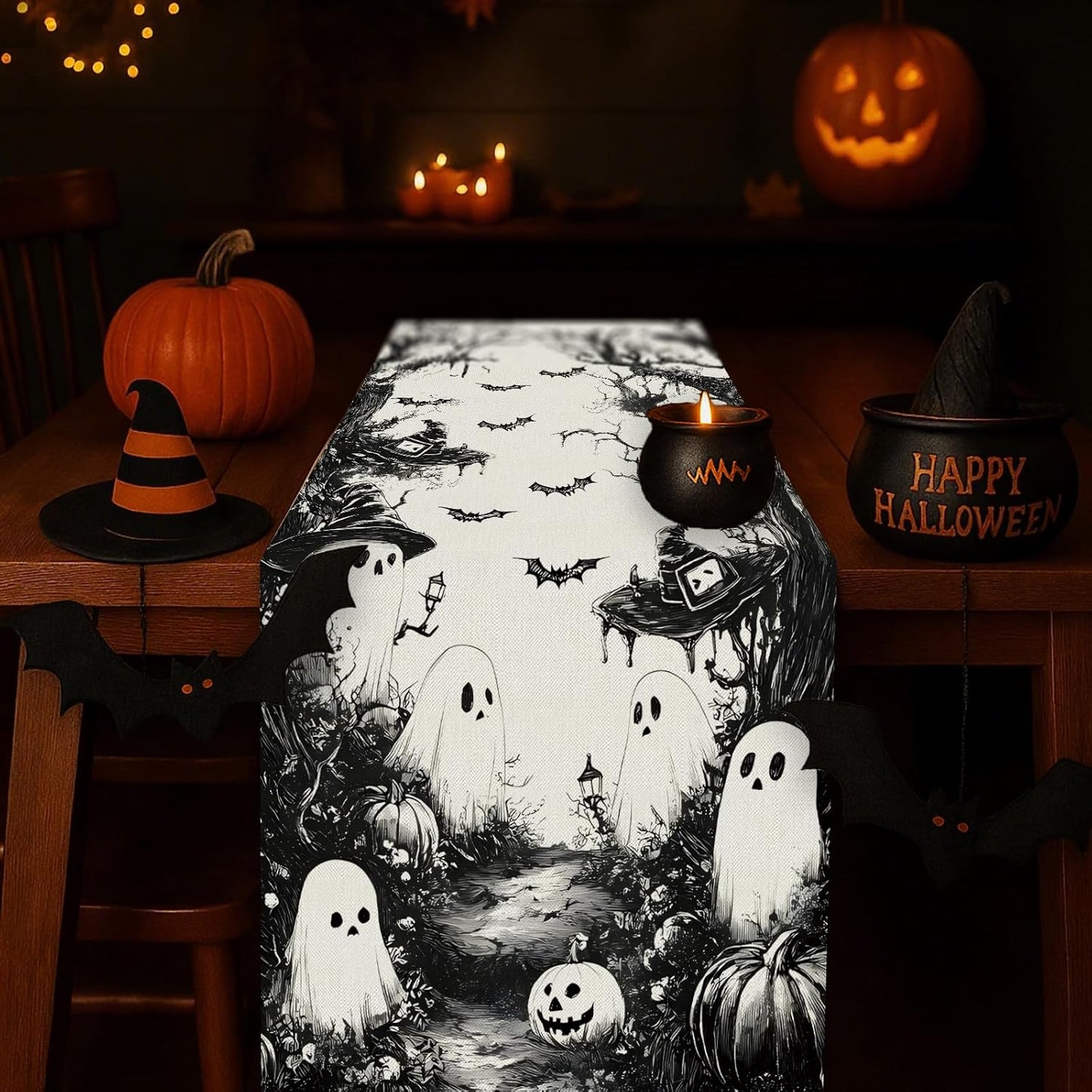 GPGHE Halloween Table Runner Black Ghost Holiday Burlap Table Decoration Indoor Outdoor Home Decor Party Supply 13 x 90 Inch